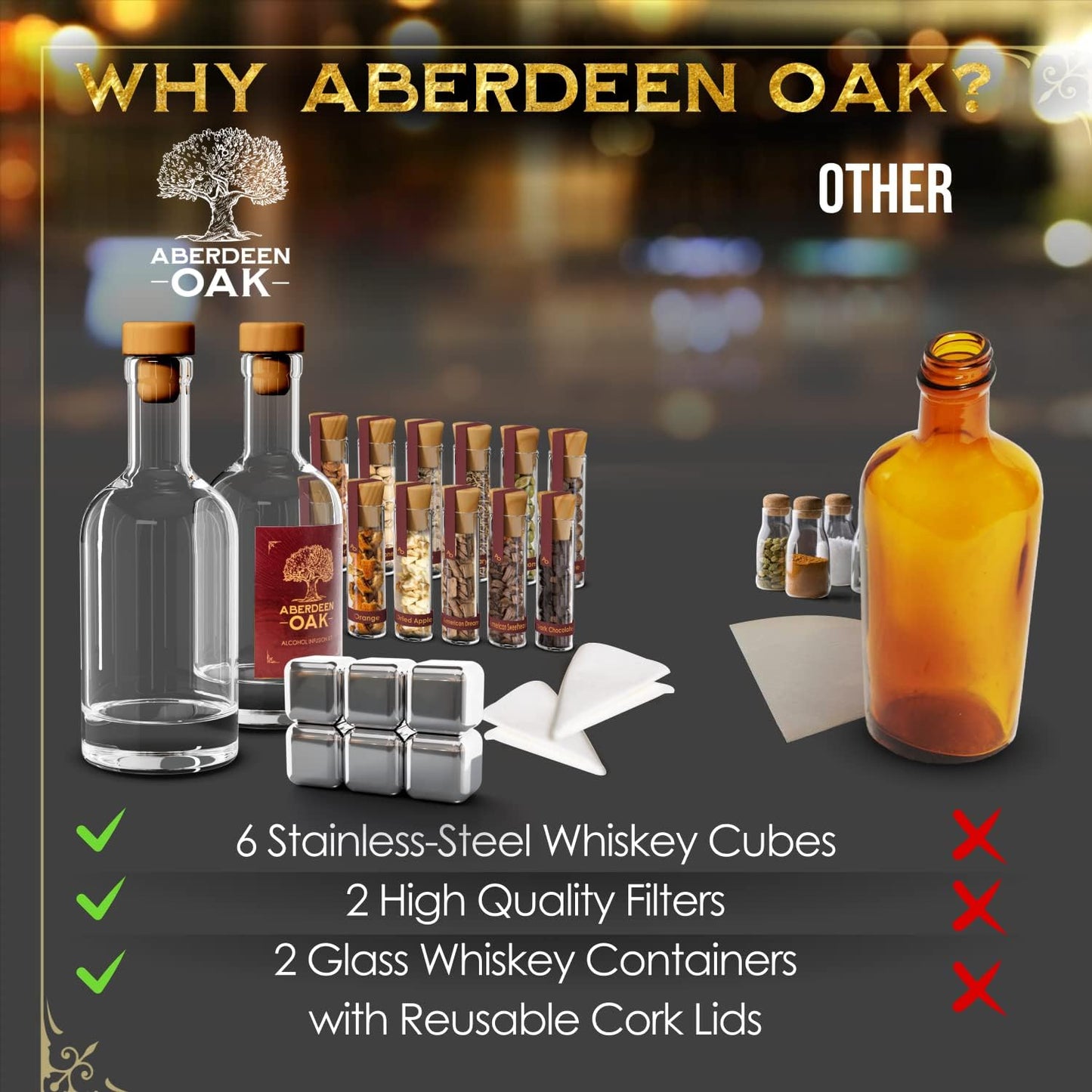 Whiskey Infusion Kit - Craft Your Personalized Whiskey Flavor with 9 Botanicals & 3 Wood Chip Types - Makes a Fun Gift for Men, Husband, and Whiskey Enthusiasts