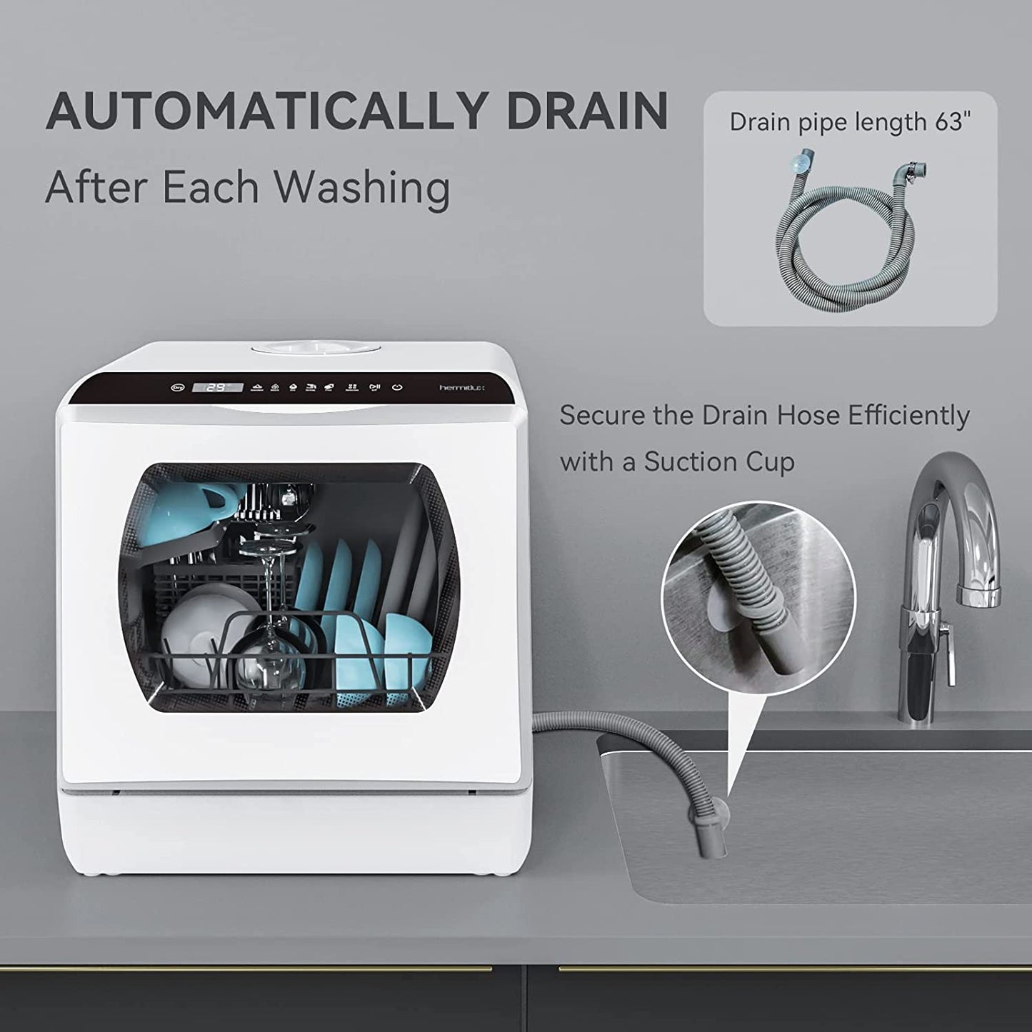 Countertop Dishwasher, 5 Washing Programs Portable Dishwasher with 5-Liter Built-In Water Tank for Glass Door