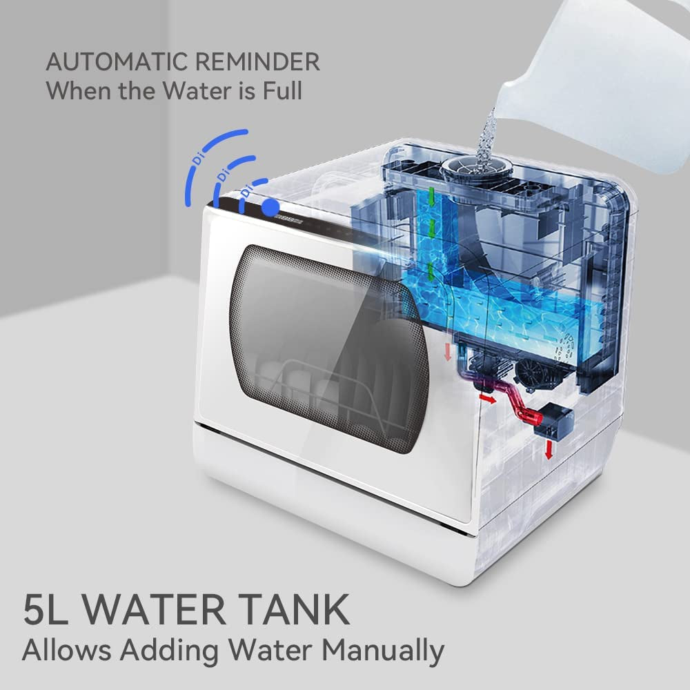 Countertop Dishwasher, 5 Washing Programs Portable Dishwasher with 5-Liter Built-In Water Tank for Glass Door