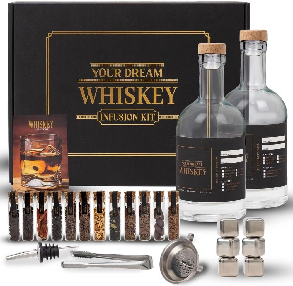 Whiskey Gifts for Men - Whiskey Making Kit - Whiskey Infusion Kit Gift Sets Men with Bottles, Wood Chips, Botanicals, Whiskey Stones - Whiskey Set - Husband Birthday Gift, Bourbon Kit Mens Gift Set