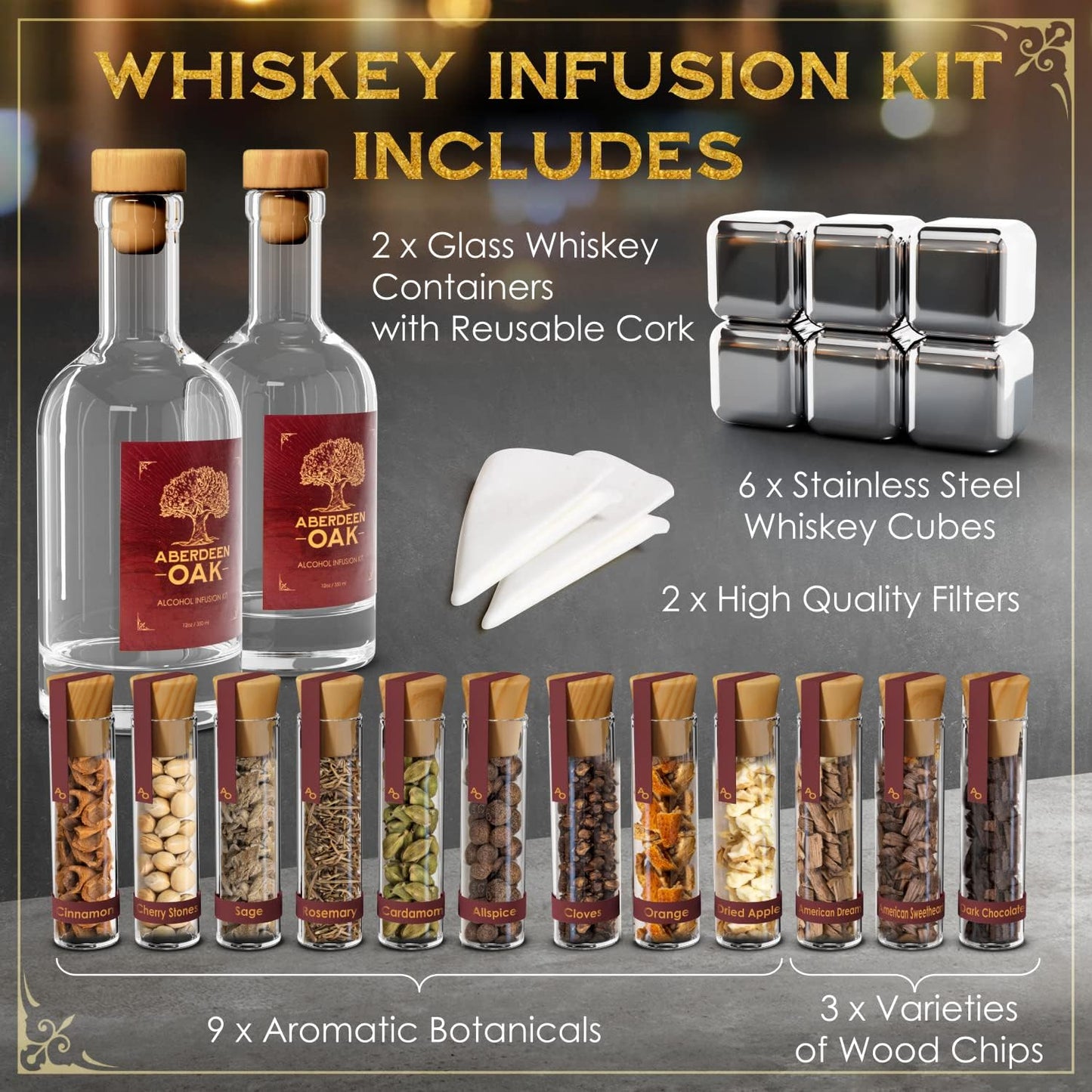 Whiskey Infusion Kit - Craft Your Personalized Whiskey Flavor with 9 Botanicals & 3 Wood Chip Types - Makes a Fun Gift for Men, Husband, and Whiskey Enthusiasts