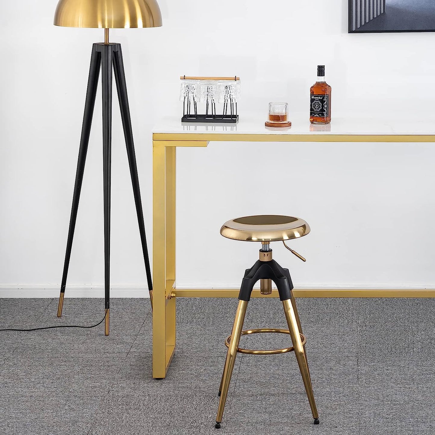Industrial Bar Stool, Adjustable Swivel round Seat Metal Barstool with Legs, Backless Heavy Duty Airlift Bar Chair for Kitchen Dining Pub Cafe (Gold)