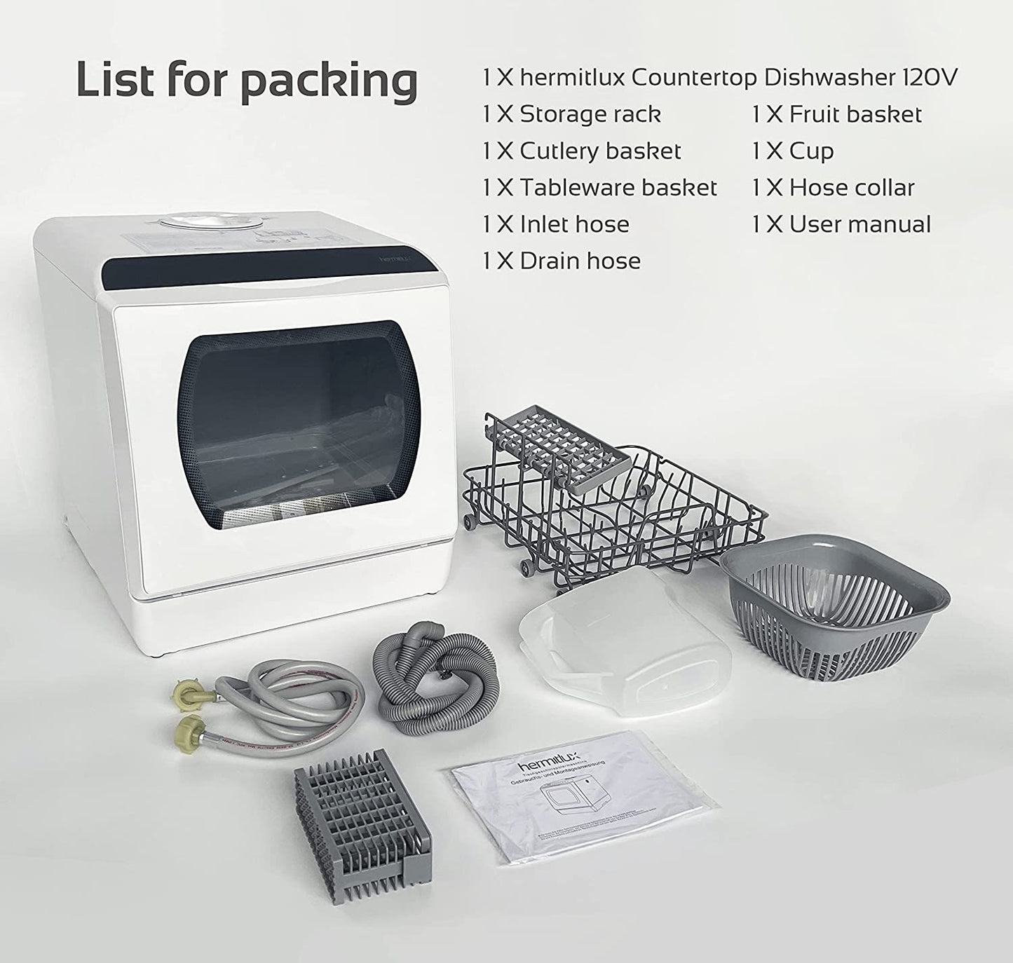 Countertop Dishwasher, 5 Washing Programs Portable Dishwasher with 5-Liter Built-In Water Tank for Glass Door