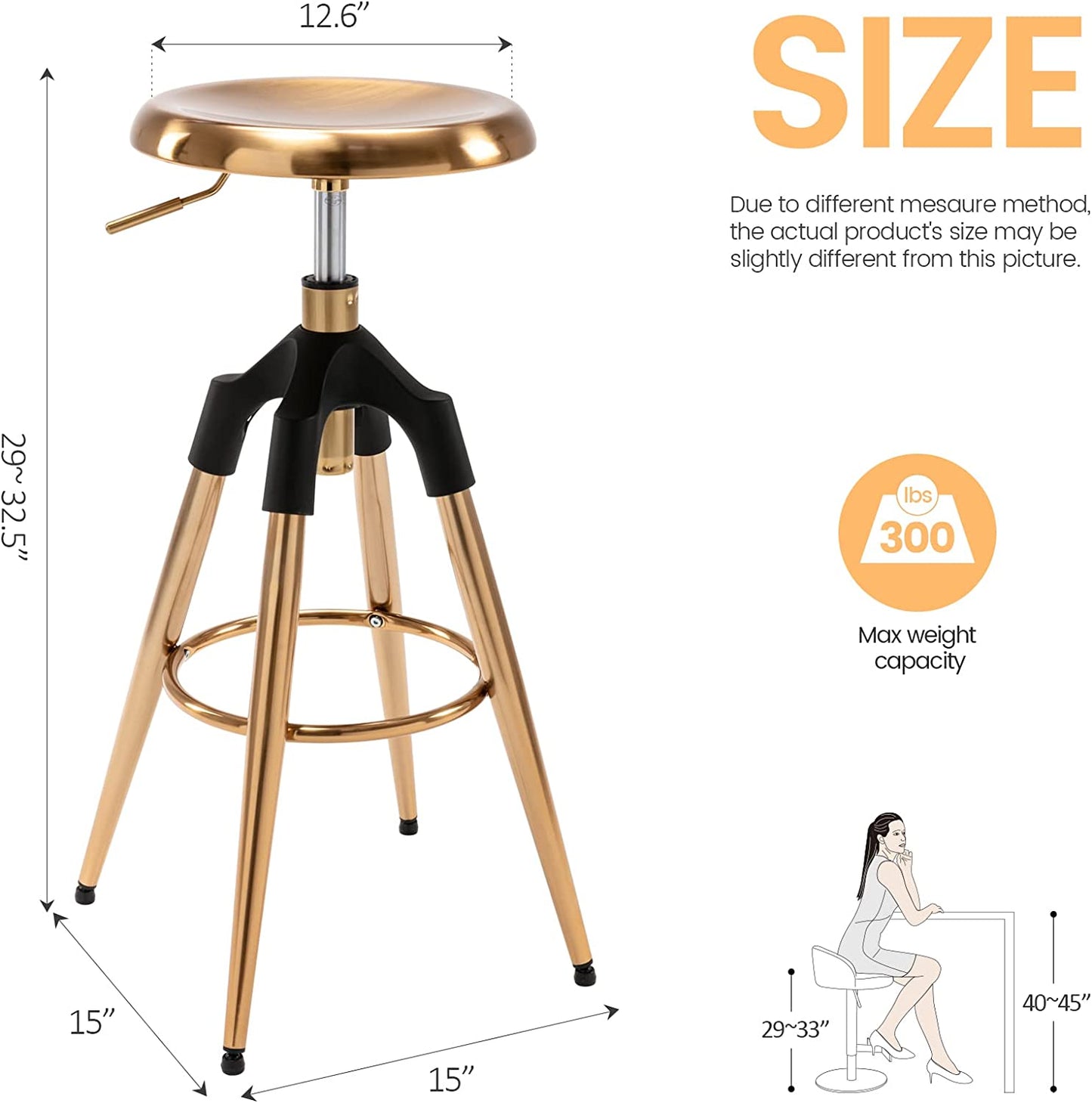 Industrial Bar Stool, Adjustable Swivel round Seat Metal Barstool with Legs, Backless Heavy Duty Airlift Bar Chair for Kitchen Dining Pub Cafe (Gold)
