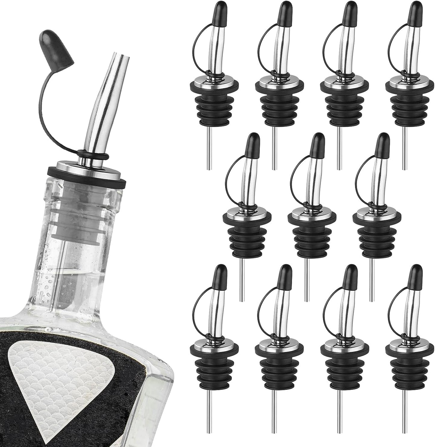 12PCS Liquor Pour Spout - Stainless Steel Pour Spouts for Liquor Bottles, Speed Tapered Liquor Bottle Pourers for Alcohol with Dust Caps, Olive Oil Dispenser Spout, Bar Accessories Bar Tools