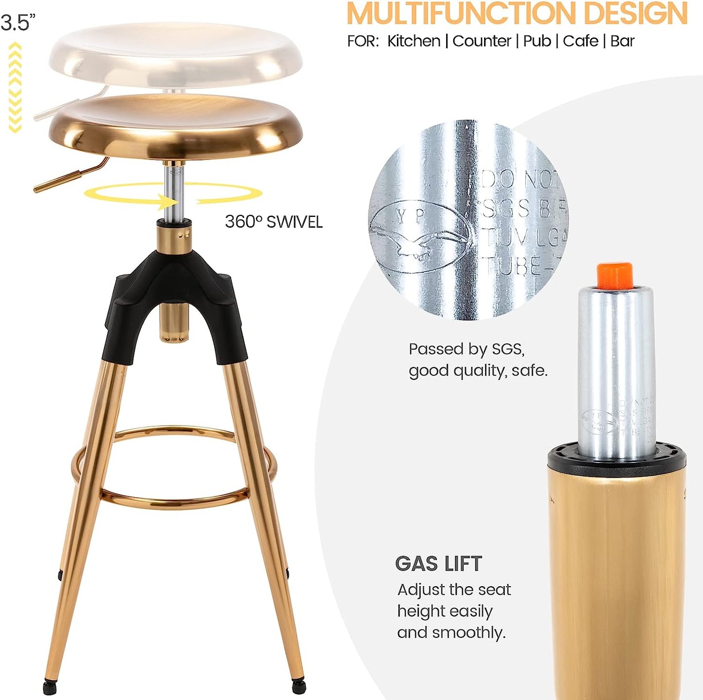 Industrial Bar Stool, Adjustable Swivel round Seat Metal Barstool with Legs, Backless Heavy Duty Airlift Bar Chair for Kitchen Dining Pub Cafe (Gold)
