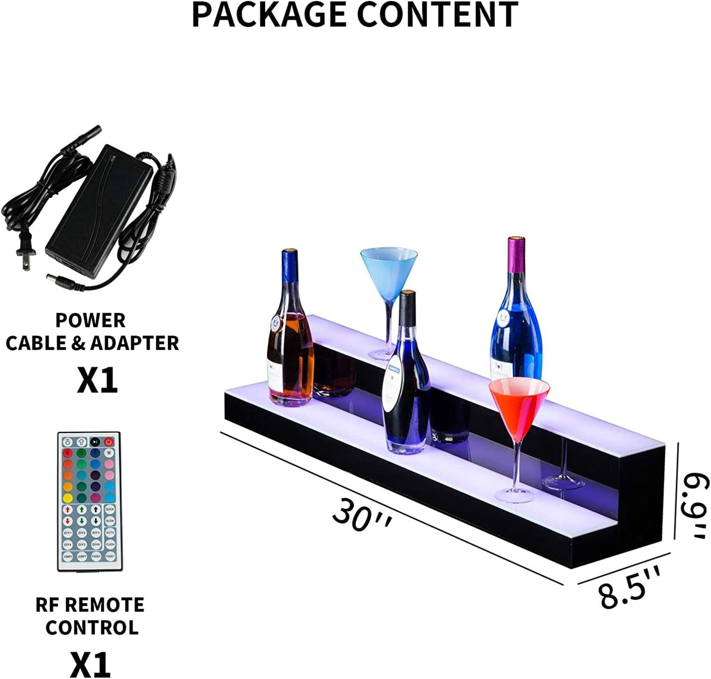 LED Lighted Liquor Bottle Display Shelf, 30 in 2 Step LED Lighted Bar Shelf for Home Commercial Bar Drinks Acrylic Lighting Shelves High Gloss Black Finish with Remote Control