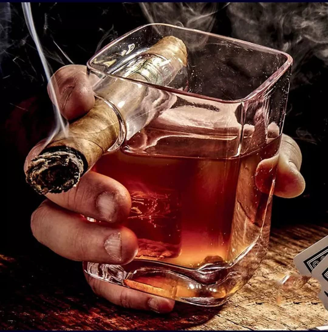 Whiskey Cigar Glasses Gift Set of 2 - Old Fashioned Square Glasses with Intended Cigar Rest, 8 Granite Chilling Rocks, Tongs, Velvet Pouch and Cigar Cutter. Best Gift Set for Men, Dad, Husband..