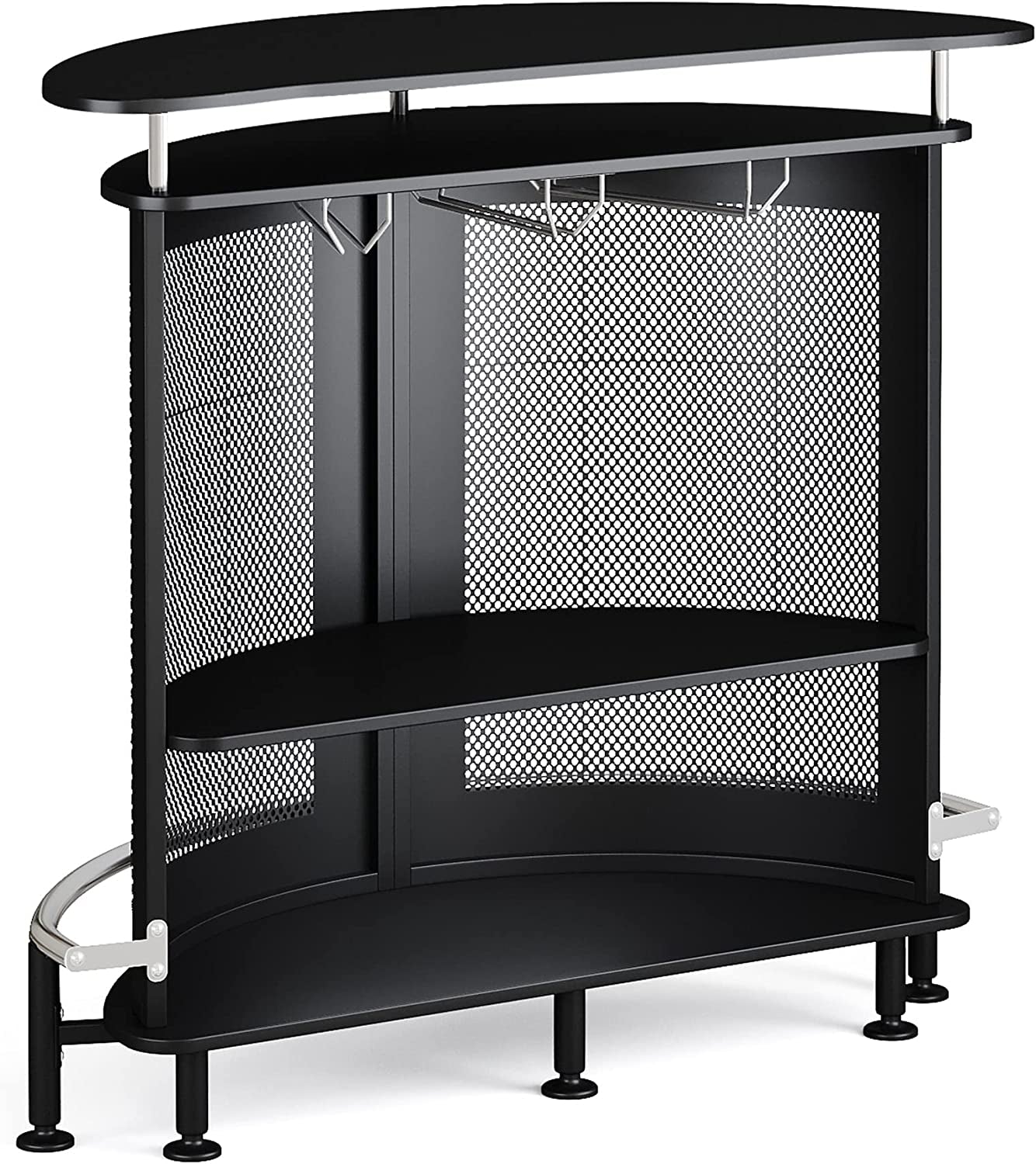 Bar Unit with Metal Mesh Front, Home Liquor Bar Table with Storage and Footrest (Black)