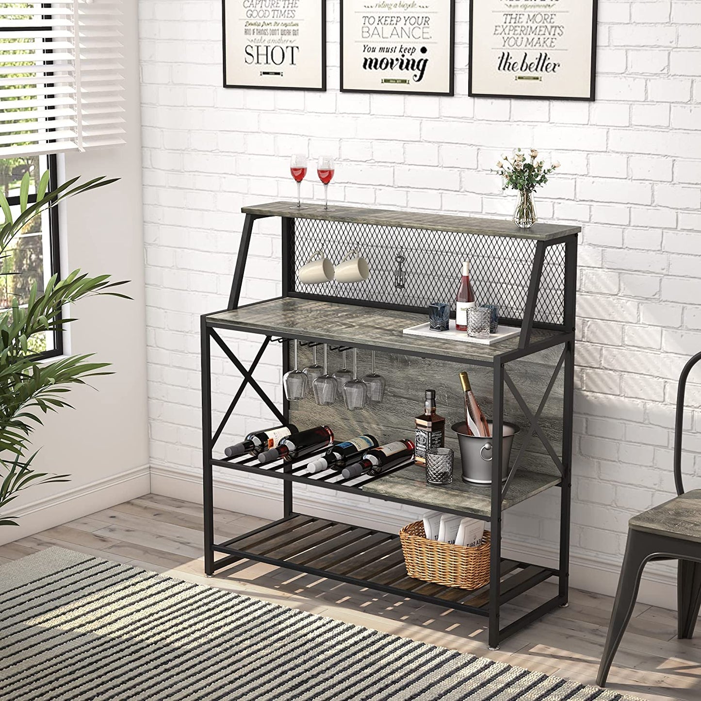 Bar Table with Storage Coffee Bar Cabinets for Liquor and Glasses, Wine Rack Freestanding Floor with Glass Holder for Home Kitchen Dining Room Basement, Gray