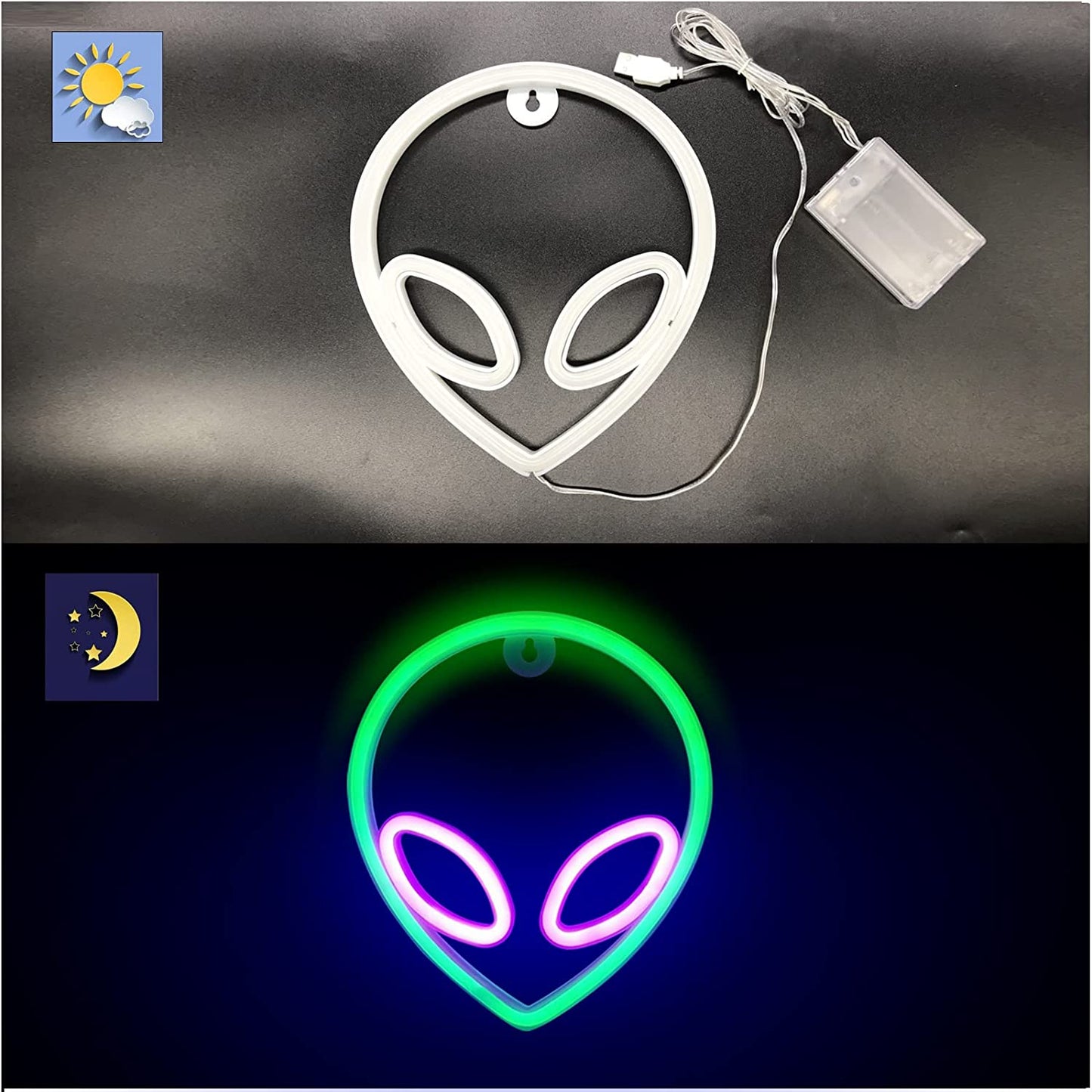 Alien Neon Sign Christmas Decoration Purple Green LED Alien Neon Light Usb/Battery Operated Cool Alien Light up Sign for Wall Decor Game Room Aesthetic Hanging Light for Man Cave Stuff, Bedroom, Bar, Party