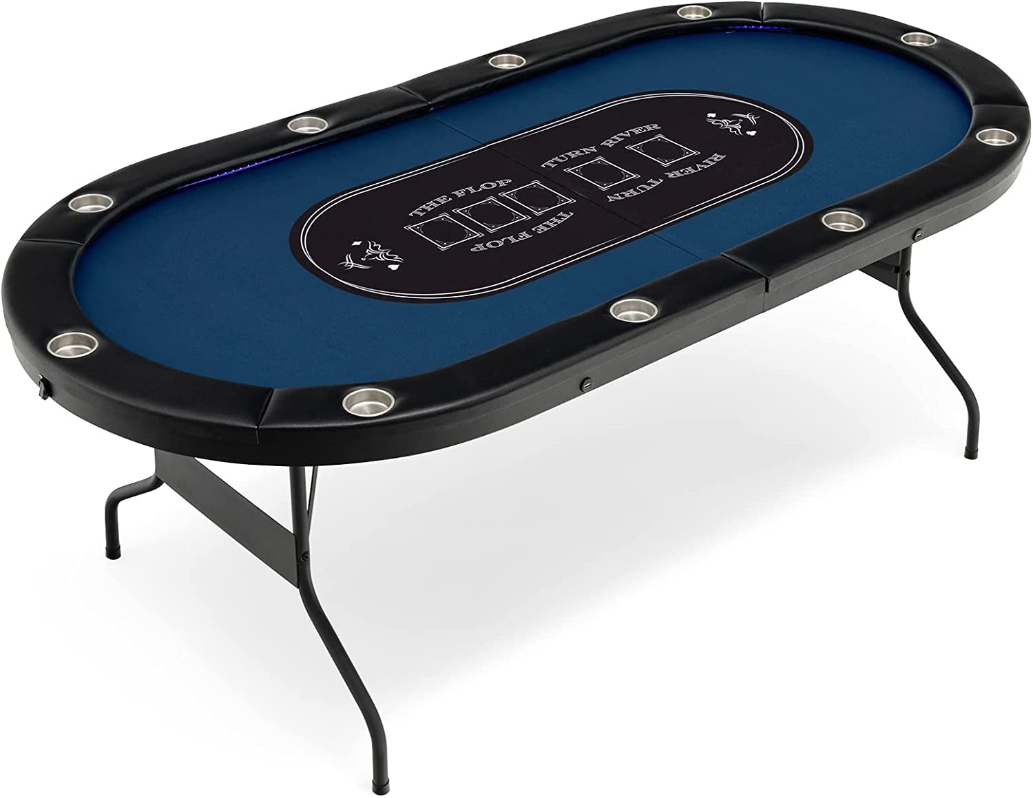 10 Players Poker Table with Cup Holder, Folding Casino Leisure Table with 4 USB Ports, Extra Lights, Easy to Assemble, Foldable Game Poker Tables for Texas, Card Games, Blue