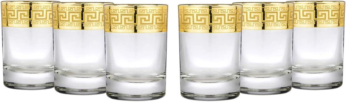 Gold Rimmed Shot Glasses Greek Key Set 6-Pc, Shot Glasses 2.5 Oz