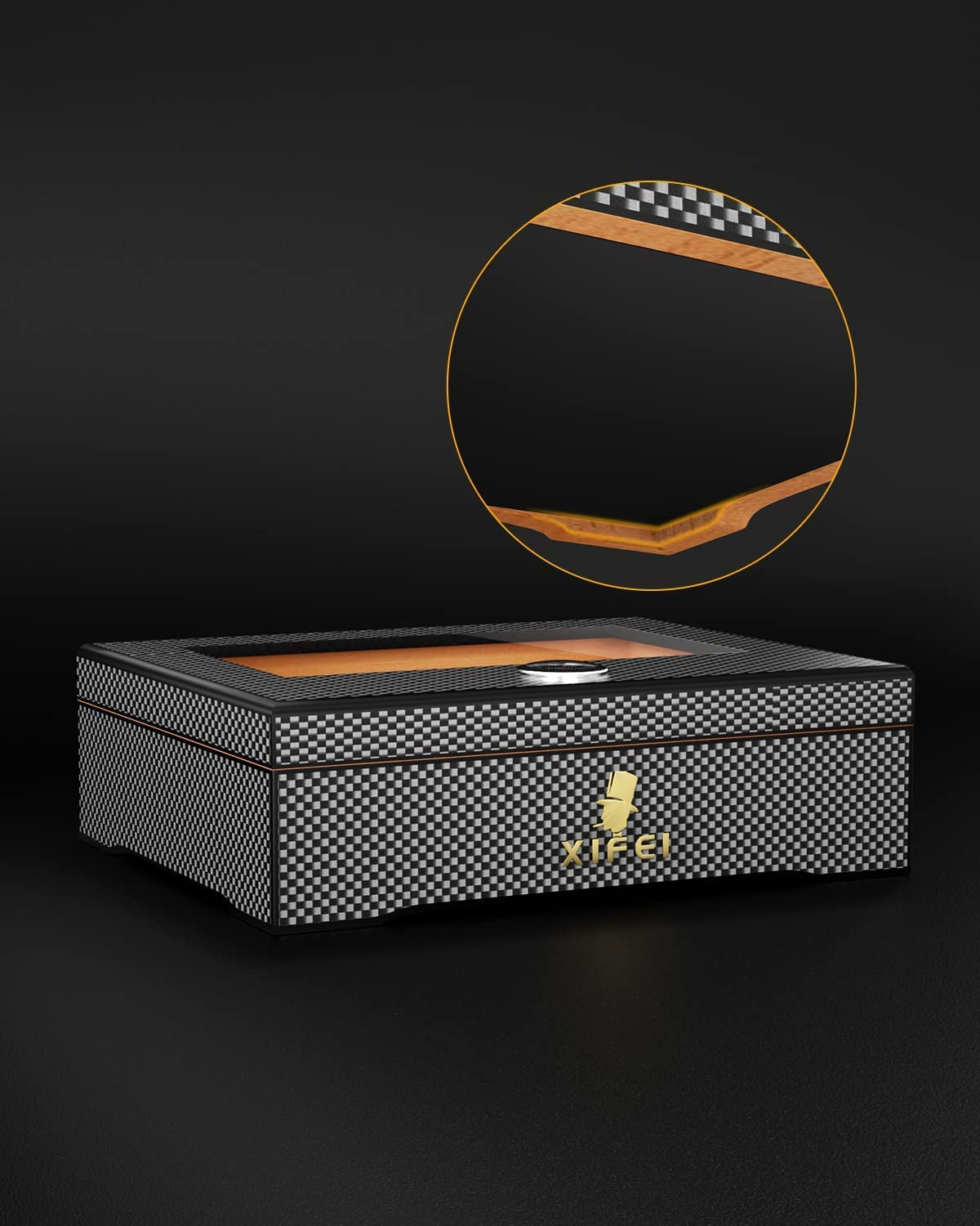 Cigar Humidor, Glass Top Carbon Fiber Texture Top Inlay Hygrometer,Including Cigar Humidifier, Acrylic Cigar Stand,Cigar Ashtray and Humidor Solution, Holds 25-60 Cigars (9IN*7.5 * 2.8)