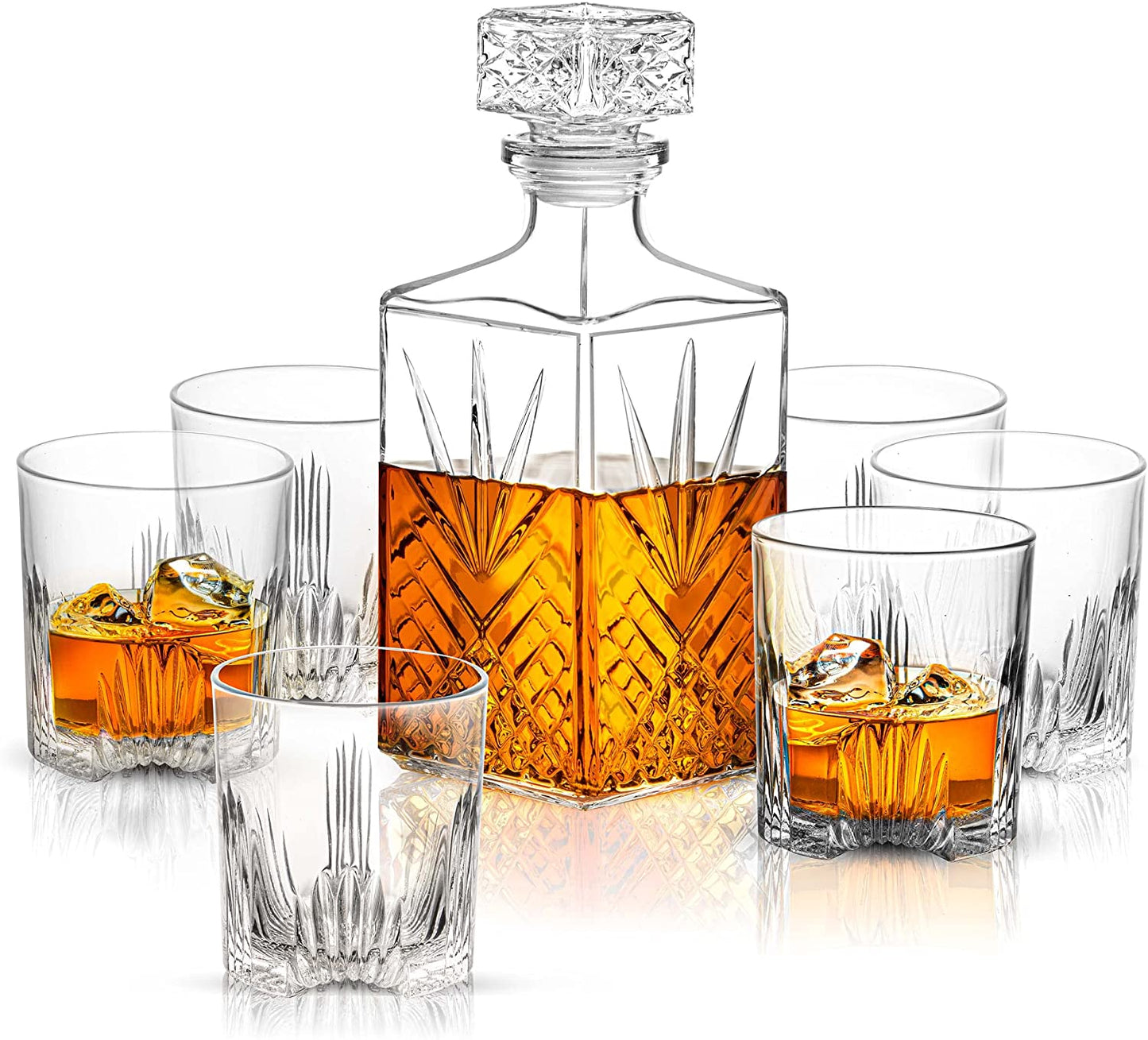 Whiskey Decanter Set - 7-Piece Italian Crafted Glass Decanter & Whiskey Glasses Set - Holiday Whiskey Gifts for Men and Women W/Ornate Stopper and 6 Cocktail Glasses