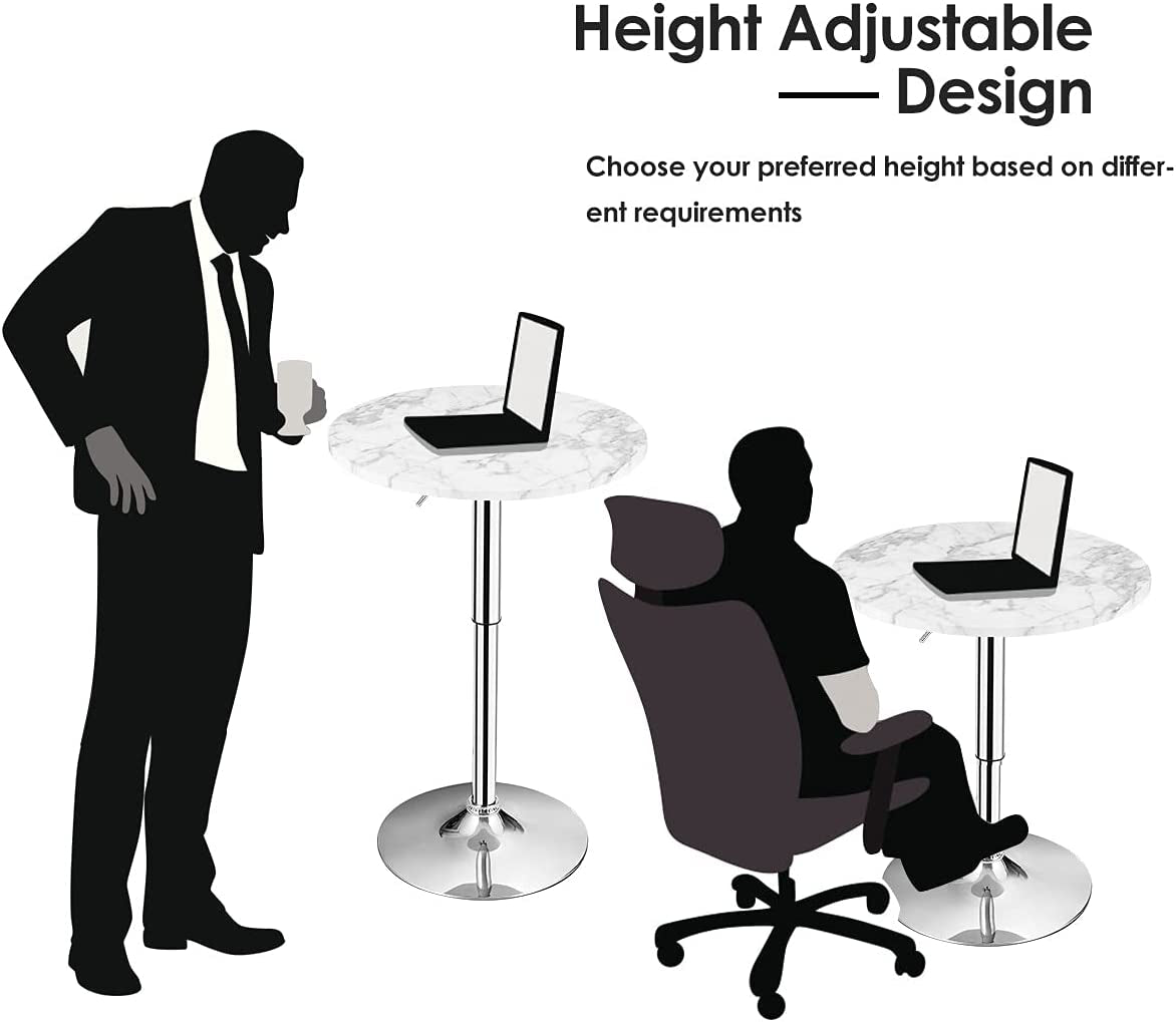 round Pub Table Height Adjustable, 360° Swivel Cocktail Pub Table with Sliver Leg and Base for Home, Office Bar Table (White) (1)