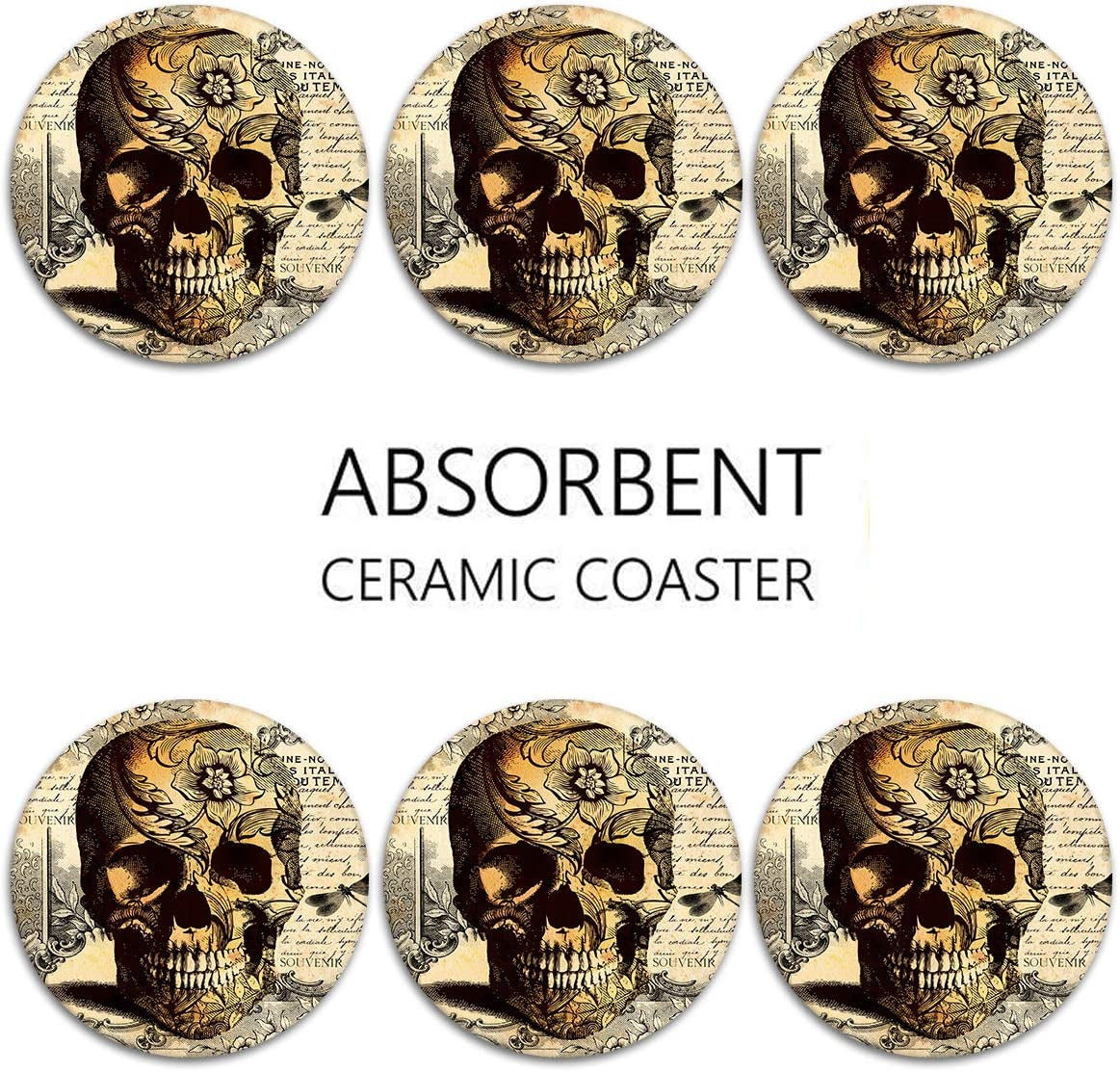 Set of 6 Coaster for Drinks Absorbent with Cork Base, Metal Holder, round Wooden Stone Drink Mat for Coffee Wood Table, Gift for Birthday, Farmhouse Housewarming Room Bar Decor Retro Skull