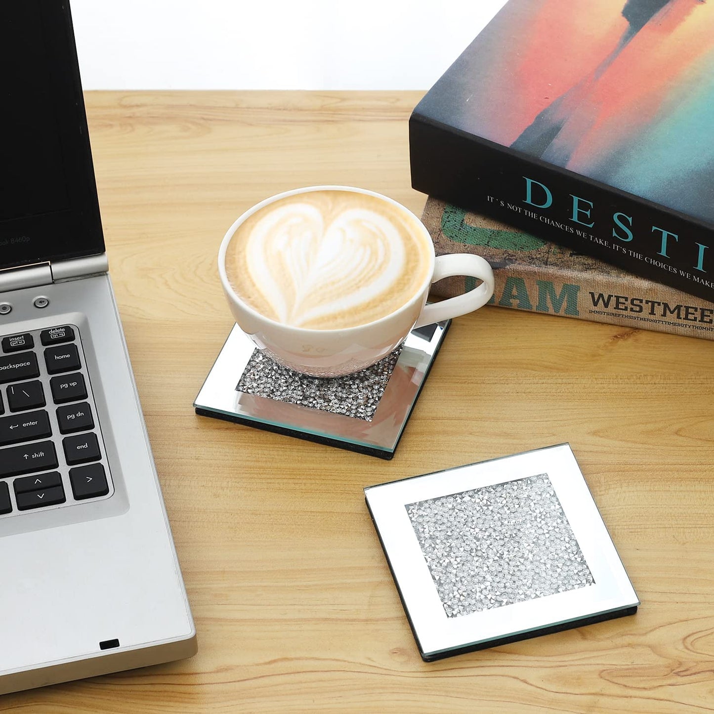 Diamond Glass Coasters for Coffee Table - Crystal Coasters for Drinks , Cup Coaster Set Silver Decor for Bar and Home Parties (4X4 Inch, Square Silver)