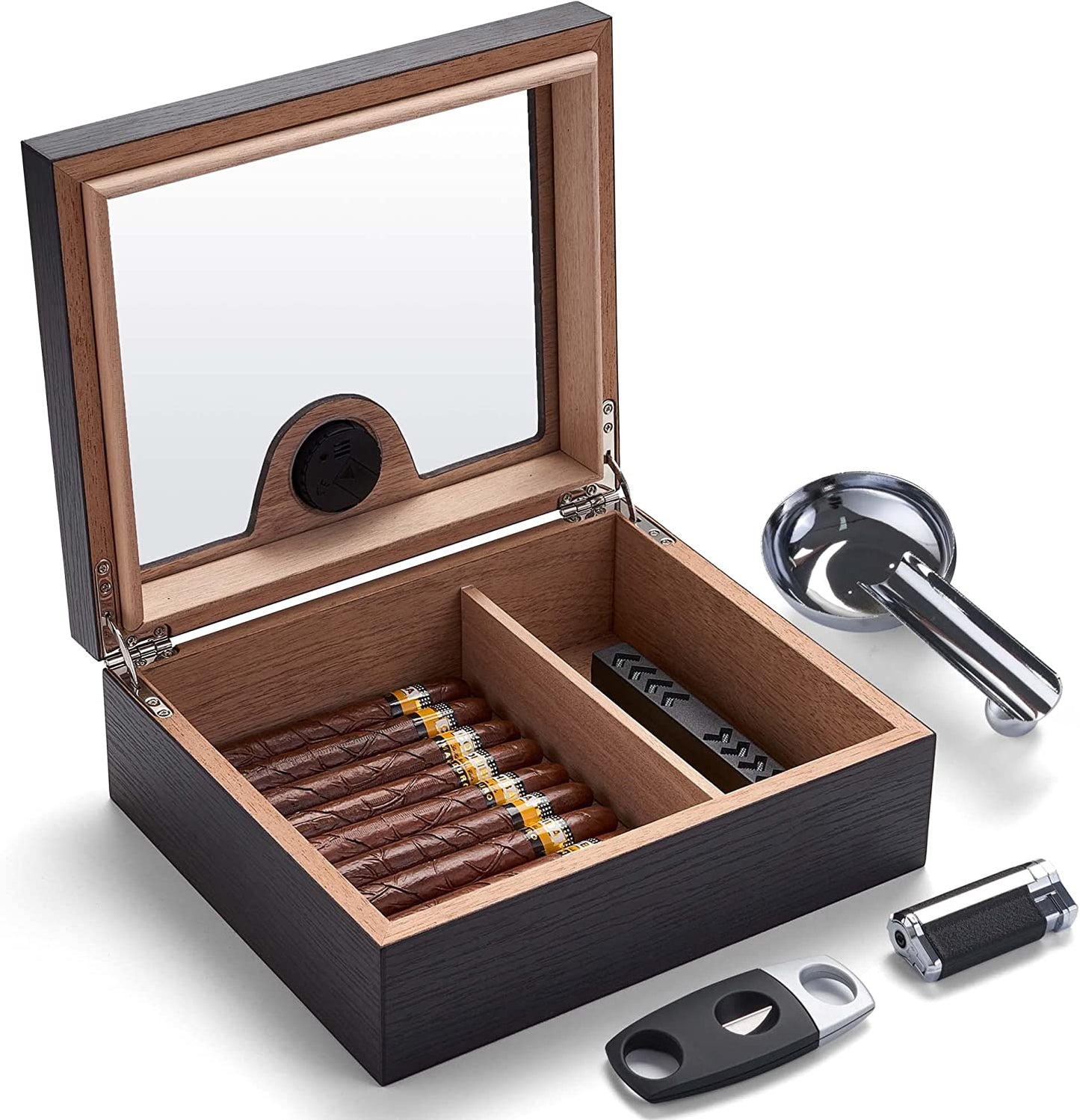 Cigar Humidor Box with Lighter and Cutter, Digital Hygrometer, Crystal Beads Humidifier, Ashtray, Spanish Cedar Lining and Divider for 25 Cigars, Cigar Accessories Gifts for Men