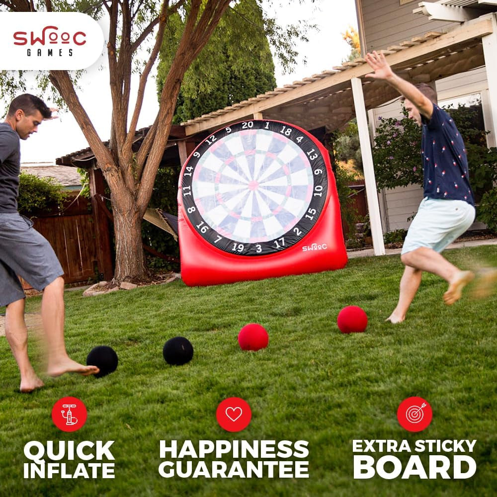 Games - Giant Kick Darts (Over 6Ft Tall) with over 15 Games Included - Giant Inflatable Outdoor Dartboard with Soccer Balls, Air Pump & Score Card - Jumbo Foot Darts Game with Big Target (Red)