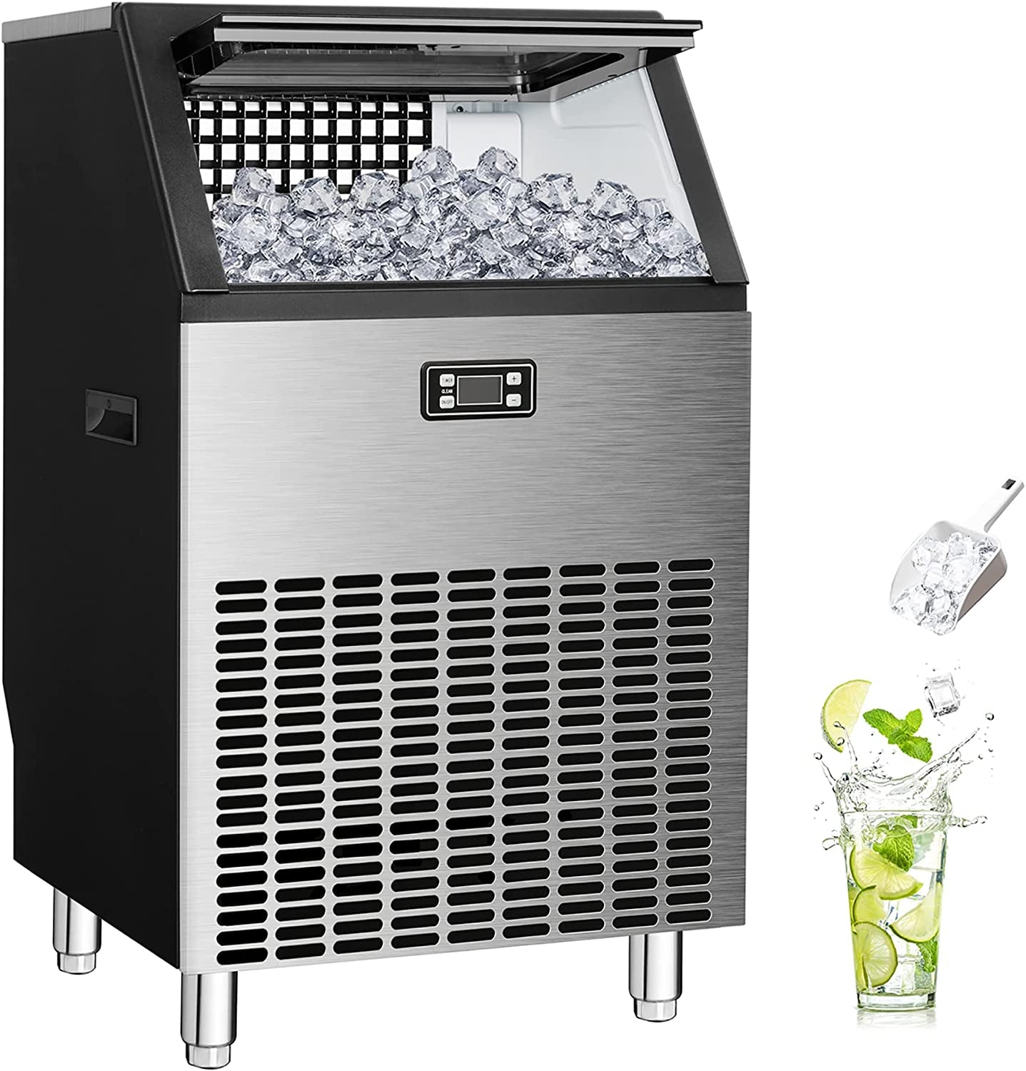 Ice Maker, Commercial Ice Machine,100Lbs/Day, Stainless Steel Ice Machine with 48 Lbs Capacity, Ideal for Restaurant, Bars, Home and Offices, Includes Scoop