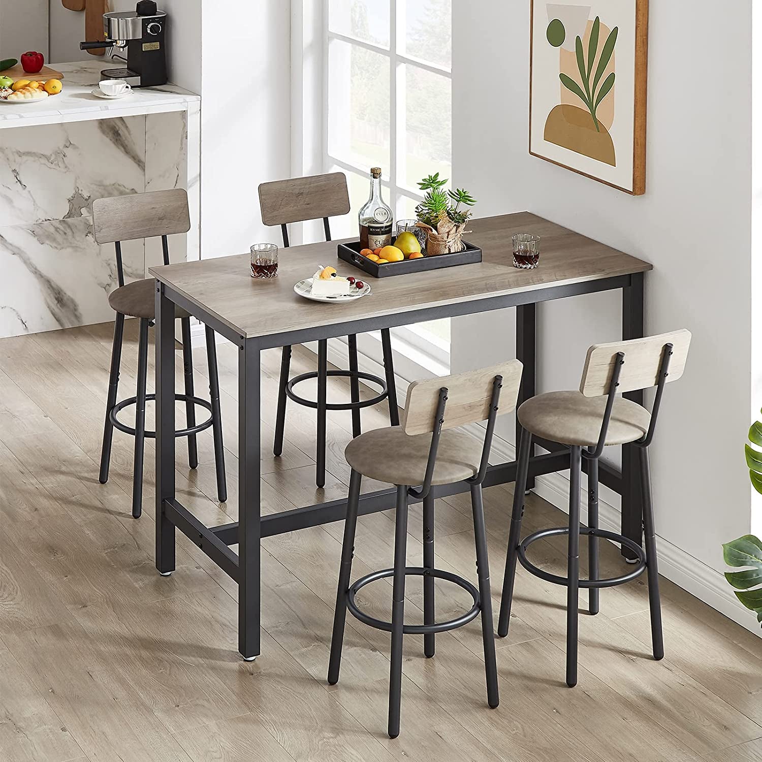 3-Piece Bar Table Set for 2, Small 2-Tier round Bistro Pub Dining Table & PU Upholstered Stools with Backrest, Counter Height Table and Chairs Set for Kitchen Small Space, Rustic Brown