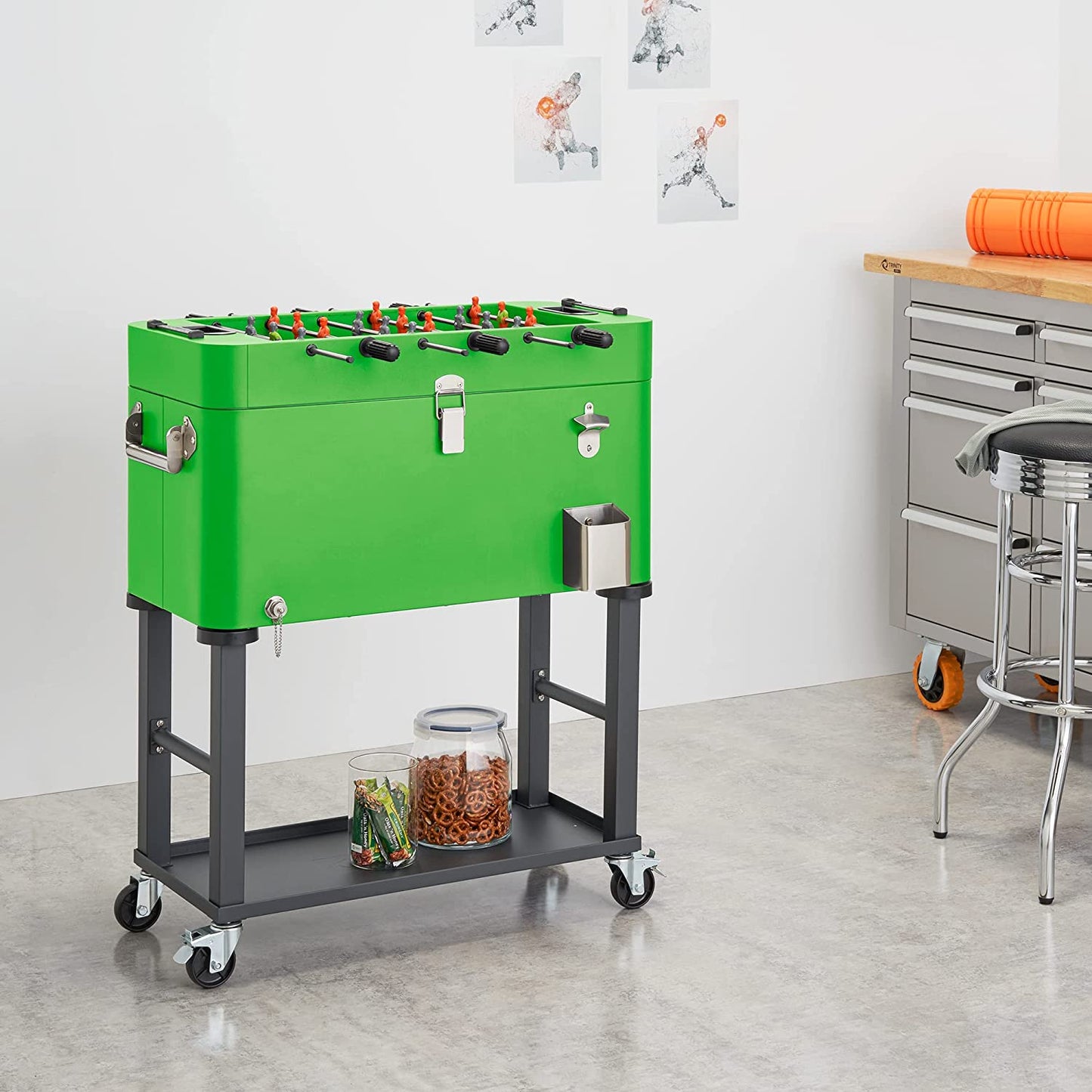 80 Quart Beverage Cooler and Ice Chest with Foosball Table Top and Bottle Opener, Rolling Cart with Storage Shelf, Detachable Tub Design, 96 Can Capacity, Includes Protective Cover