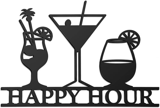 Happy Hour Sign Bar Signs Wall Decor Art Metal Bar Decorations Vintage Hot Drinks Sign Decorative Drink Bar Sign Plaques for Bar Open Pub Decor (Black, Happy Hour)
