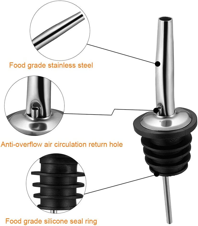 6PCS Stainless Steel Pourers, Speed Pourer, Liquor Bottle Pourers and Vinegar Tapered Stopper Spout, Liquor Pourers with Rubber Dust Caps