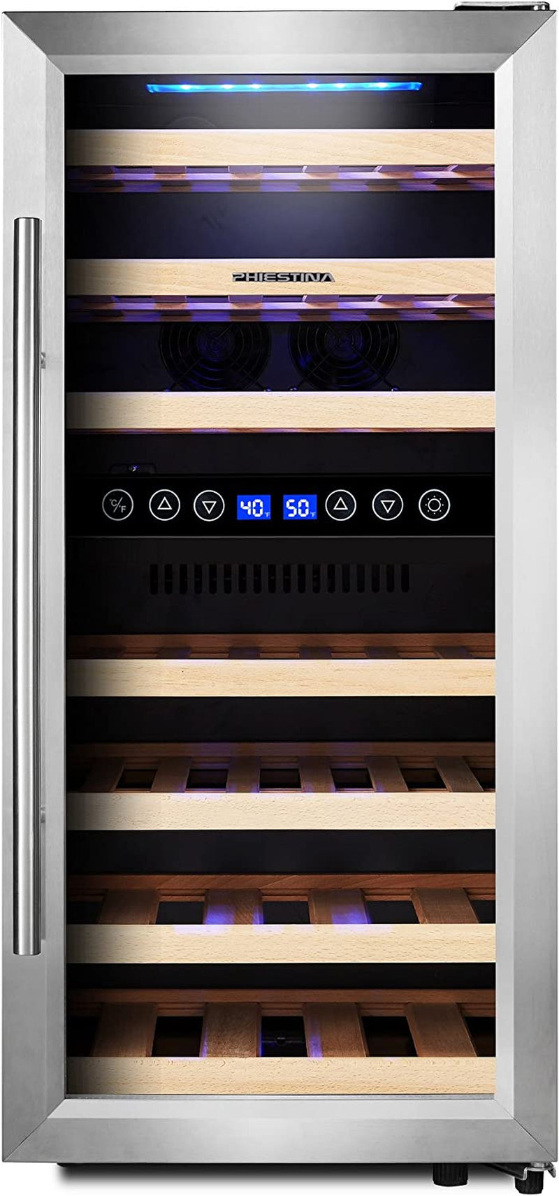 Dual Zone Wine Cooler Refrigerator - 33 Bottle Free Standing Compressor Fridge and Chiller for Red and White Wines - 16'' Glass Door Wine Refrigerator with Digital Memory Temperature Control