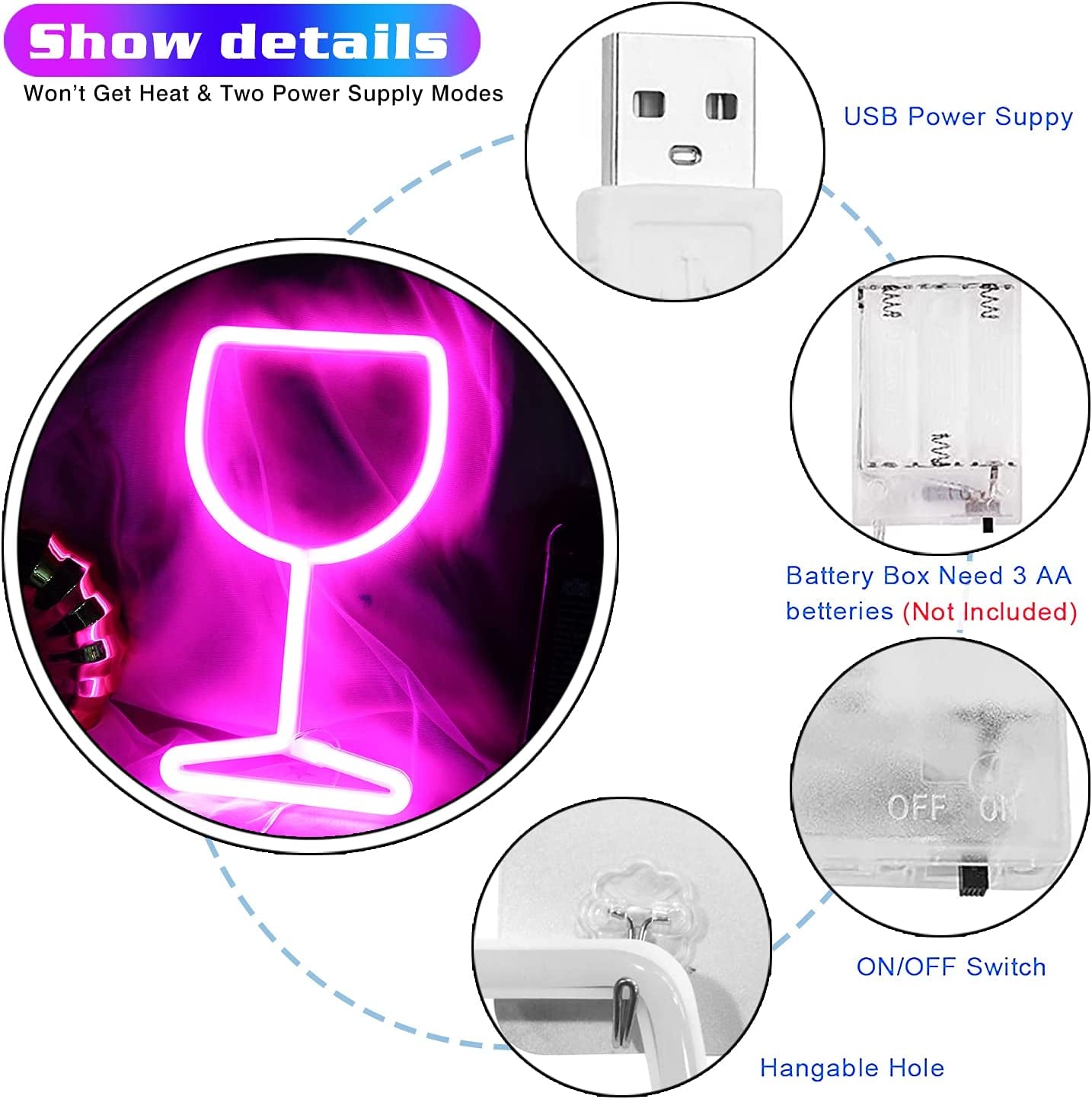 Neon Signs Wine Glass Lights - Bar Restaurant Nightclub Beach Shop Holiday Celebration Party Neon Lights, LED Home Decor Neon Signs Wine Cellar Accessories (Pink)