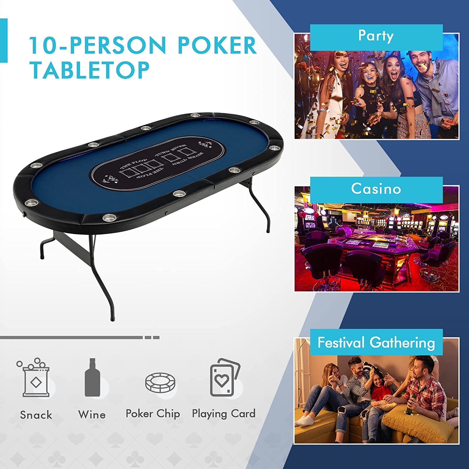 10 Players Poker Table with Cup Holder, Folding Casino Leisure Table with 4 USB Ports, Extra Lights, Easy to Assemble, Foldable Game Poker Tables for Texas, Card Games, Blue