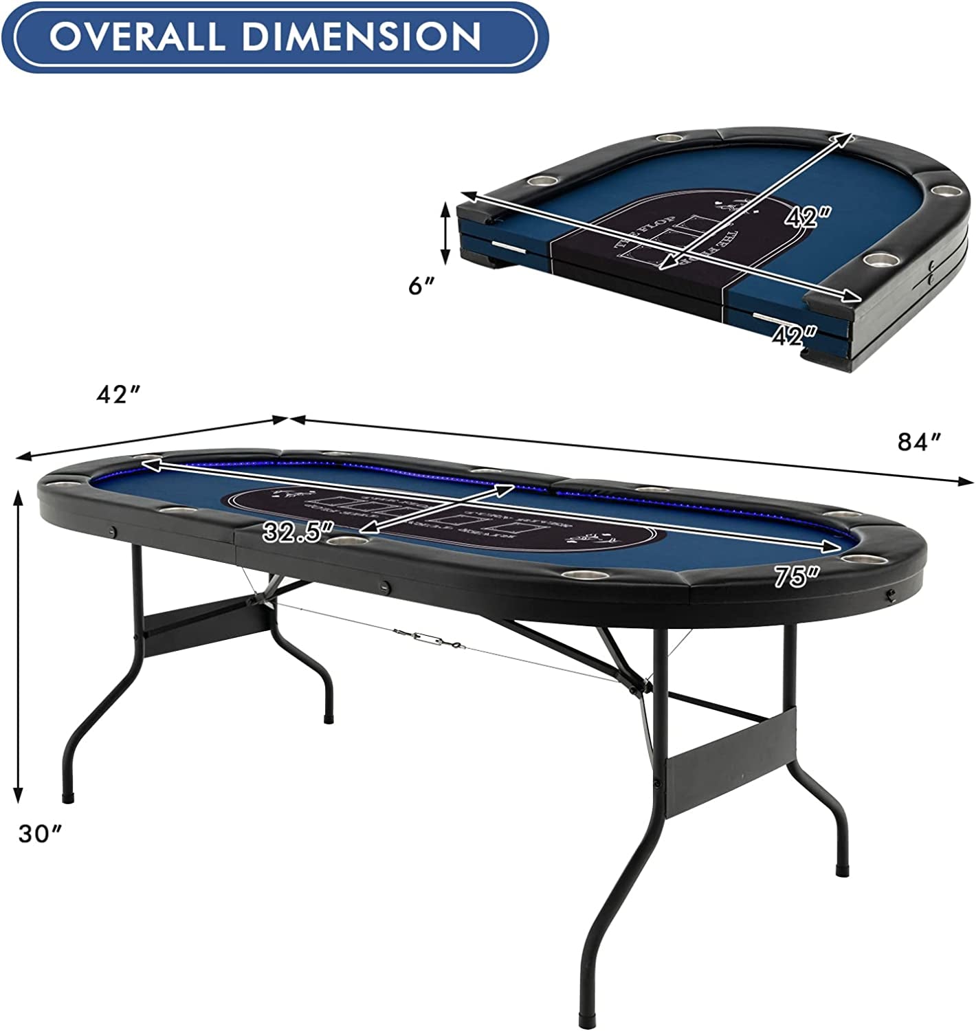 10 Players Poker Table with Cup Holder, Folding Casino Leisure Table with 4 USB Ports, Extra Lights, Easy to Assemble, Foldable Game Poker Tables for Texas, Card Games, Blue
