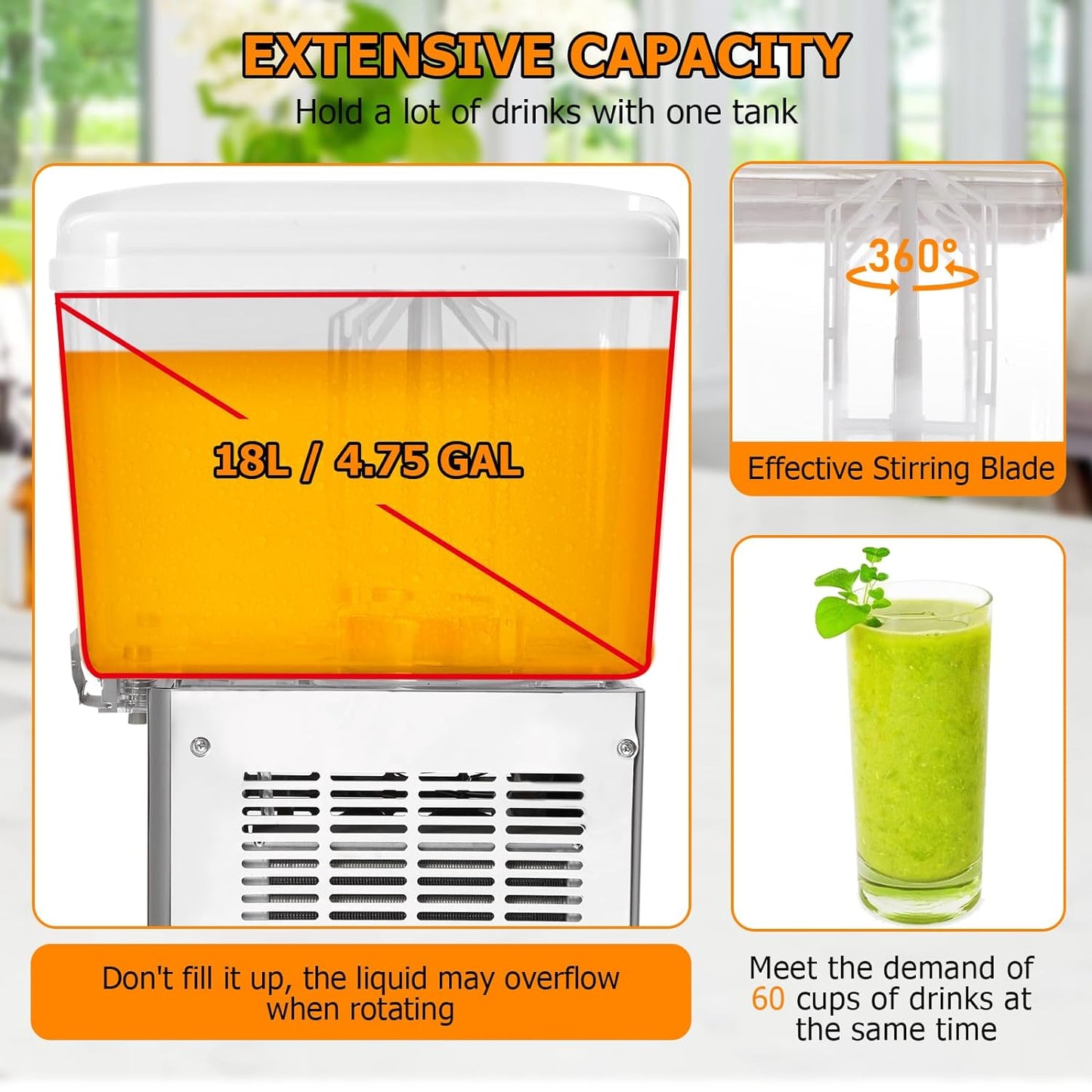 Commercial Beverage Dispenser, 1 Tanks 4.75 Gallon 18L Commercial Juice Dispenser, 18 Liter per Tank, 180W Stainless Steel Food Grade Ice Tea Drink Dispenser with Thermostat Controlle