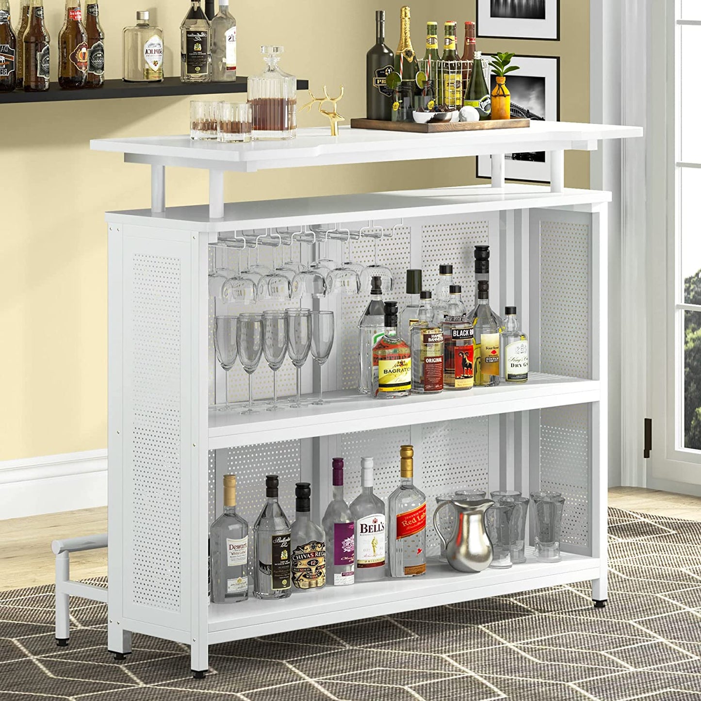 Home Bar Unit, 3 Tier Liquor Bar Table with Stemware Racks and Wine Storage Shelves, Wine Bar Cabinet Mini Bar for Home Kitchen Pub (Black)