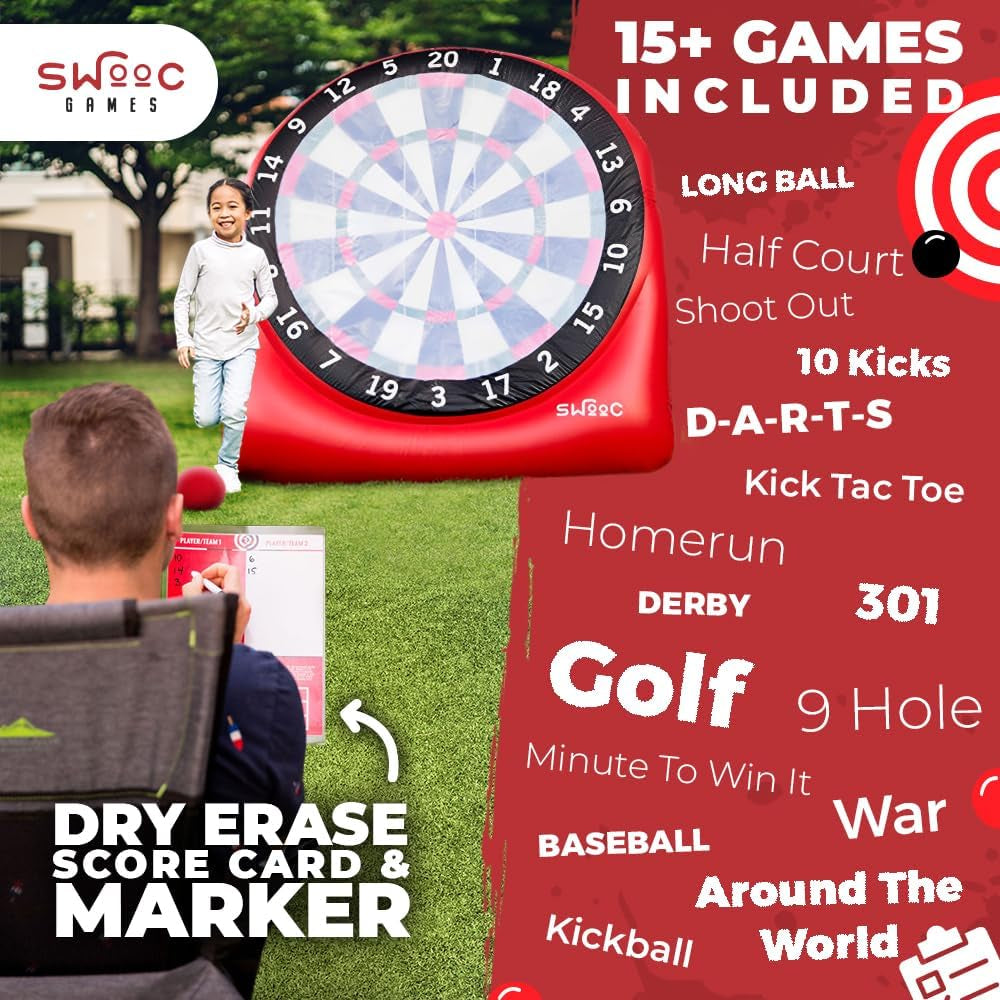 Games - Giant Kick Darts (Over 6Ft Tall) with over 15 Games Included - Giant Inflatable Outdoor Dartboard with Soccer Balls, Air Pump & Score Card - Jumbo Foot Darts Game with Big Target (Red)