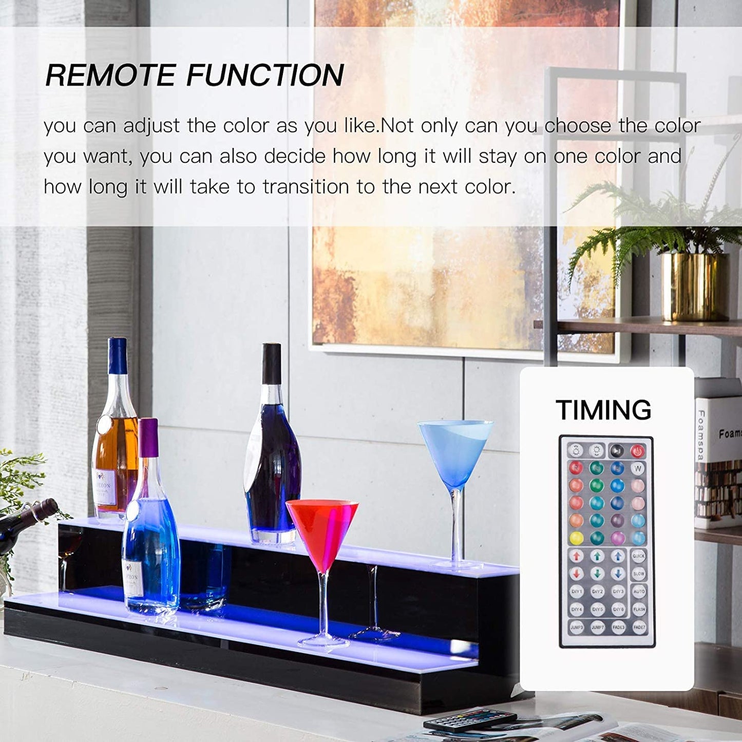 LED Lighted Liquor Bottle Display Shelf, 30 in 2 Step LED Lighted Bar Shelf for Home Commercial Bar Drinks Acrylic Lighting Shelves High Gloss Black Finish with Remote Control
