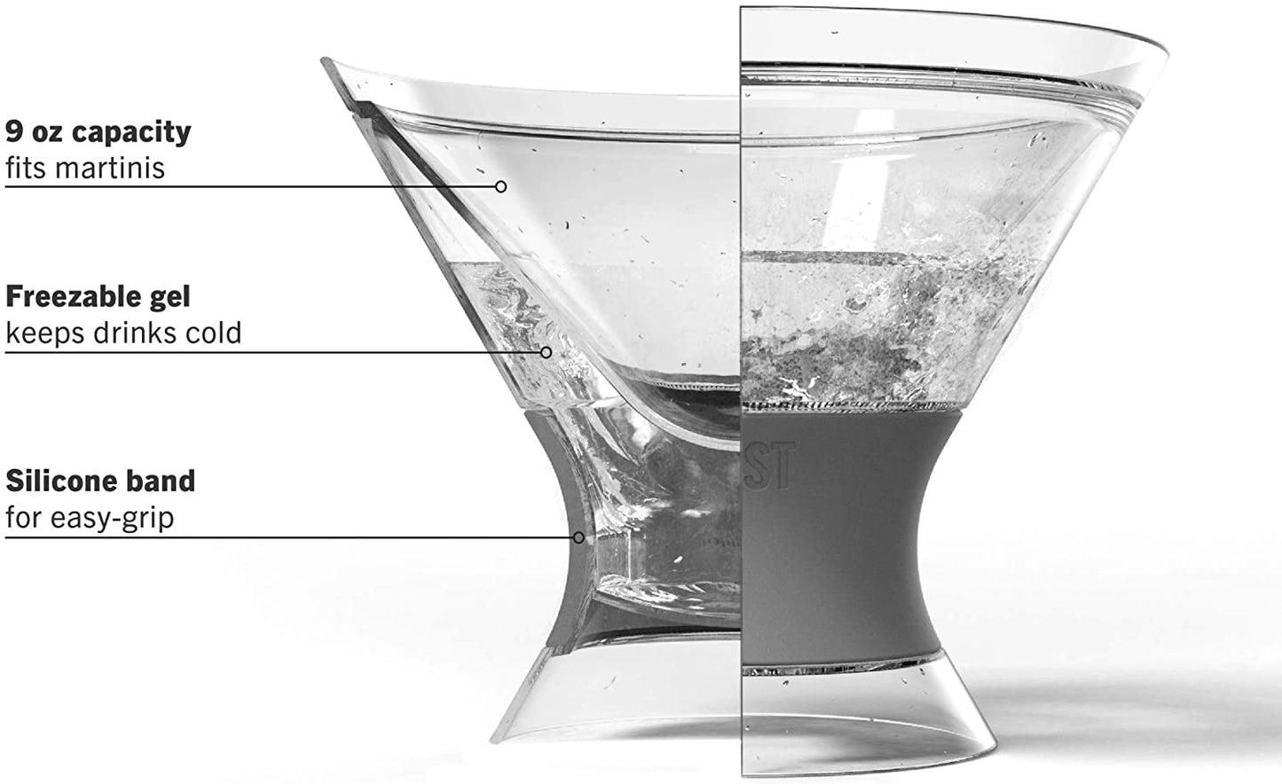 Freeze Insulated Martini Cooling Cups, Plastic Freezer Gel Chiller Double Wall Stemless Cocktail Glass Set of 2, 9 Oz, Grey