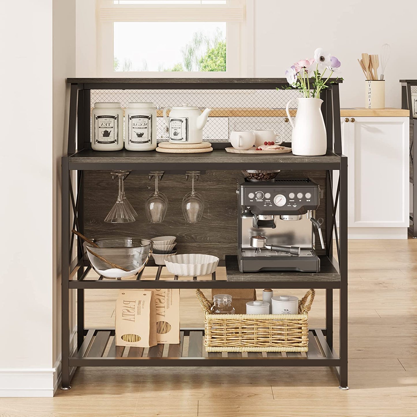 Bar Table with Storage Coffee Bar Cabinets for Liquor and Glasses, Wine Rack Freestanding Floor with Glass Holder for Home Kitchen Dining Room Basement, Gray