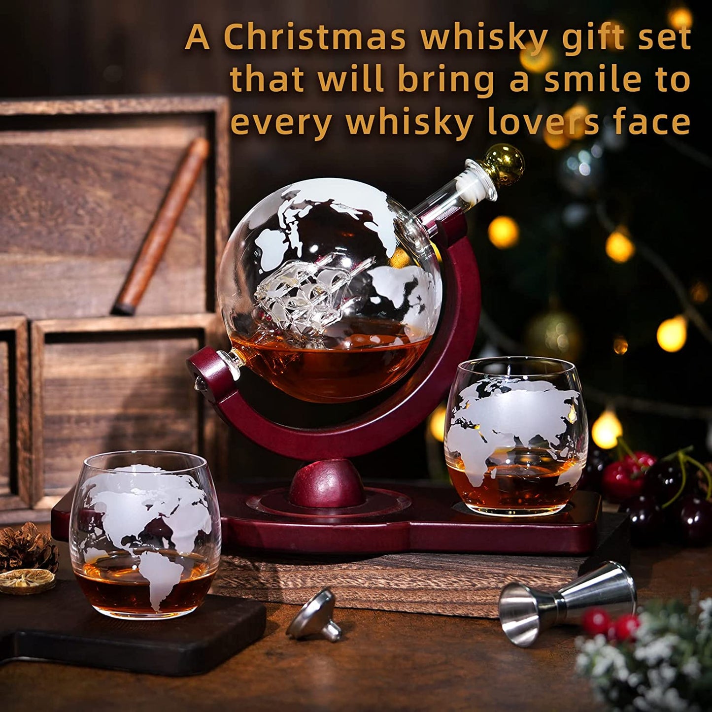 Gifts for Men Dad, Unique Valentines Day Anniversary Birthday Gift for Him Husband Boyfriend Groomsmen, Globe Decanter Set with 2 Glasses, Wedding Bourbon Liquor Scotch Cool Stuff Presents for Her