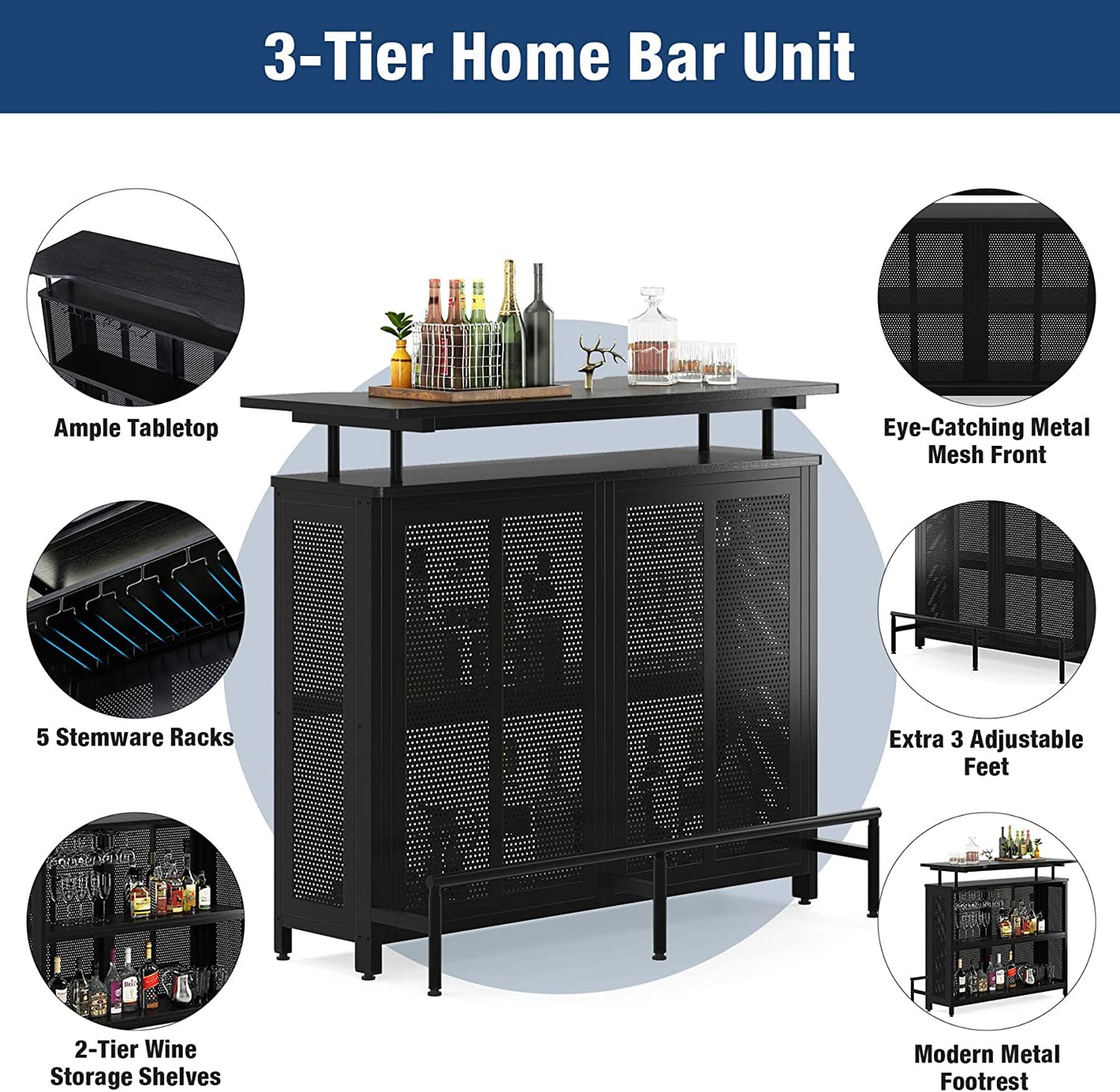 Home Bar Unit, 3 Tier Liquor Bar Table with Stemware Racks and Wine Storage Shelves, Wine Bar Cabinet Mini Bar for Home Kitchen Pub (Black)