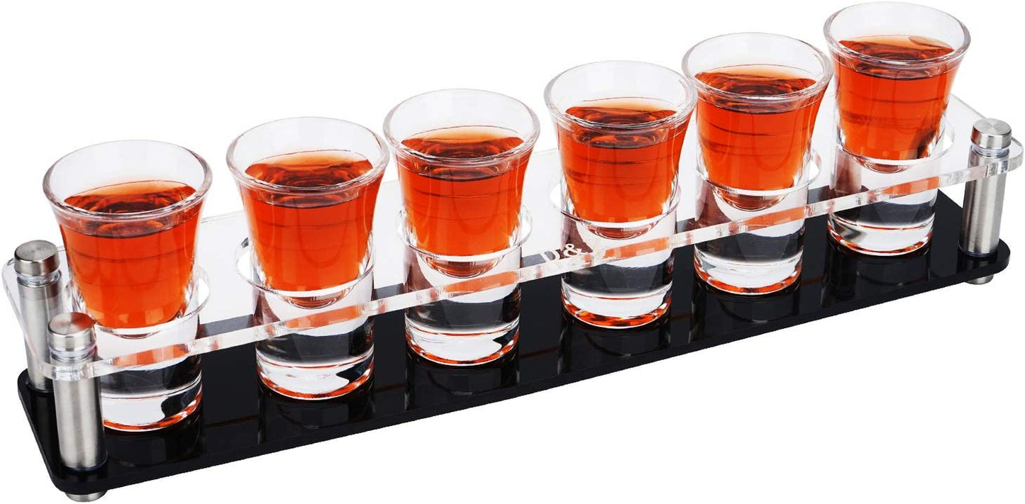 Shot Glass Holder with 6 Heavy-Base Shooter Glasses, Assembled Acrylic Server for Restaurant, Bar, Family Gathering, 1 Oz ( 30 Ml ) Tasting Glass for Tequila, Vodka, Whiskey, Beer, Wine, Soju