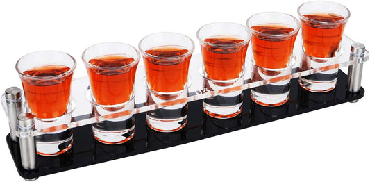 Shot Glass Holder with 6 Heavy-Base Shooter Glasses, Assembled Acrylic Server for Restaurant, Bar, Family Gathering, 1 Oz ( 30 Ml ) Tasting Glass for Tequila, Vodka, Whiskey, Beer, Wine, Soju