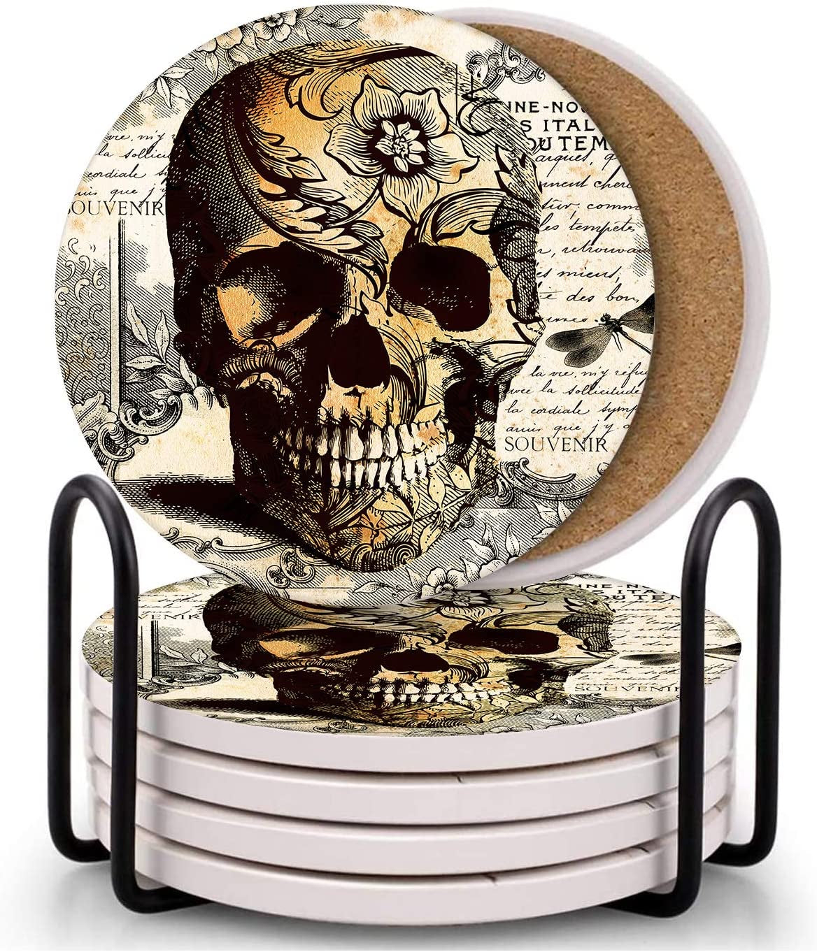 Set of 6 Coaster for Drinks Absorbent with Cork Base, Metal Holder, round Wooden Stone Drink Mat for Coffee Wood Table, Gift for Birthday, Farmhouse Housewarming Room Bar Decor Retro Skull