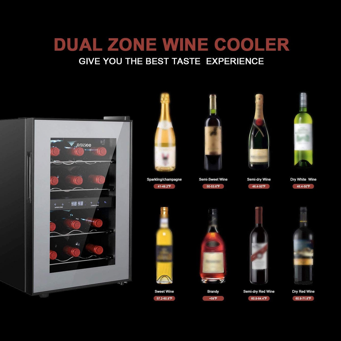 Dual Zone Wine Cooler, 12 Bottles Mini Small Wine Cooler Refrigerator Chiller Fridge 45F-65F for Reds Whites Wine Champagne Sparkling in Home Bar Office Kitchen Bedroom Countertop (12 Bottles)
