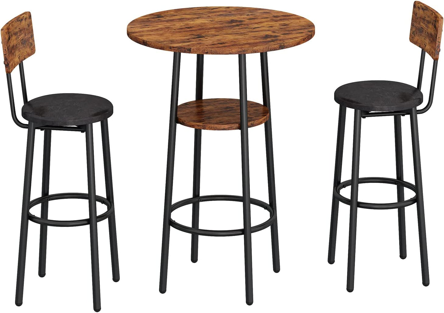 3-Piece Bar Table Set for 2, Small 2-Tier round Bistro Pub Dining Table & PU Upholstered Stools with Backrest, Counter Height Table and Chairs Set for Kitchen Small Space, Rustic Brown