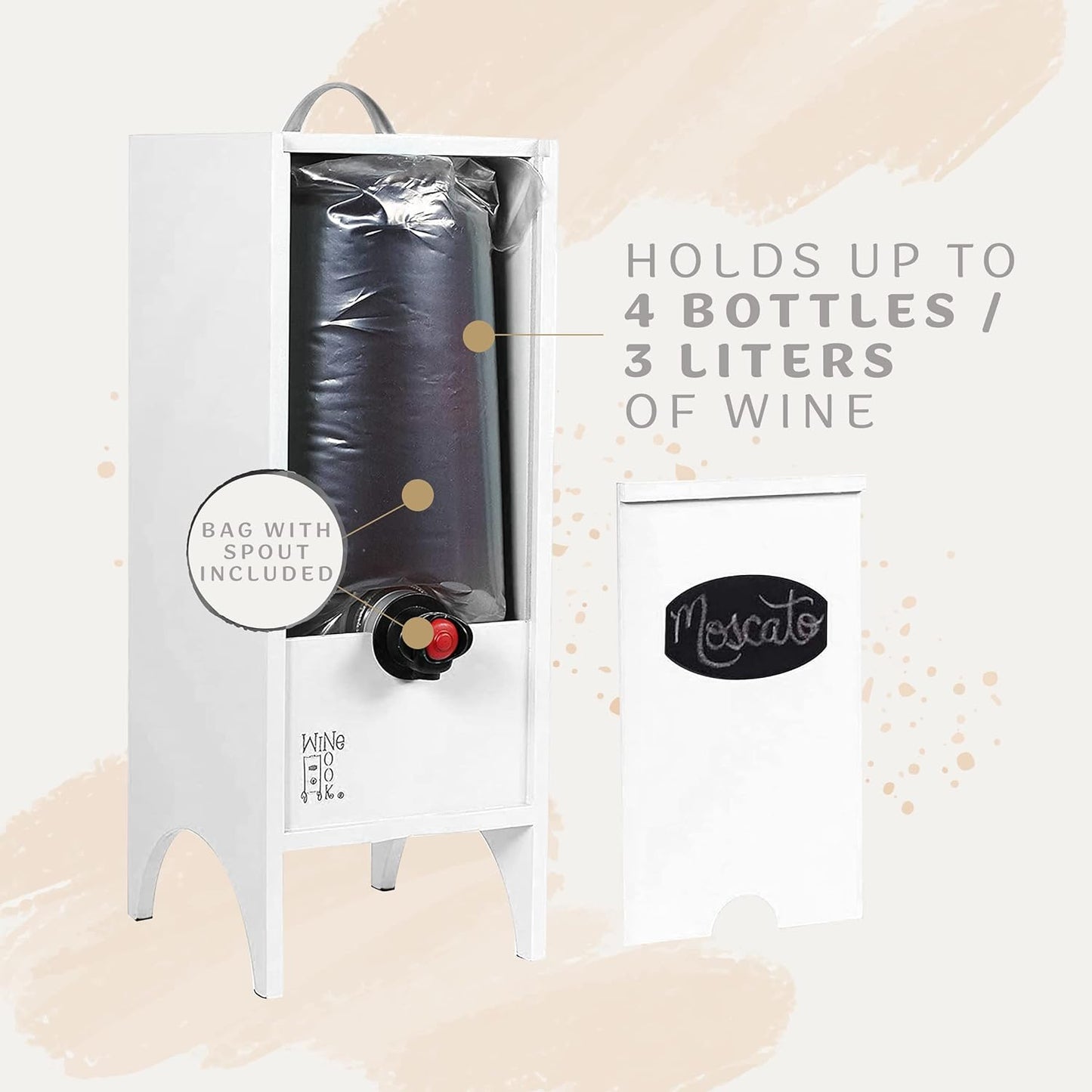 Decorative Box Wine Dispenser Cocktail Beverage Dispenser Wine Storage Holder for Kitchen Bar Countertop, Wine Carrier and Wine Party, White, 3 Liters, Chalk Included