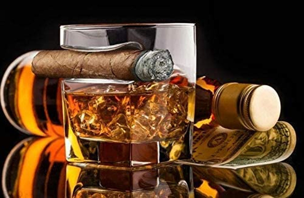 Whiskey Cigar Glasses Gift Set of 2 - Old Fashioned Square Glasses with Intended Cigar Rest, 8 Granite Chilling Rocks, Tongs, Velvet Pouch and Cigar Cutter. Best Gift Set for Men, Dad, Husband..