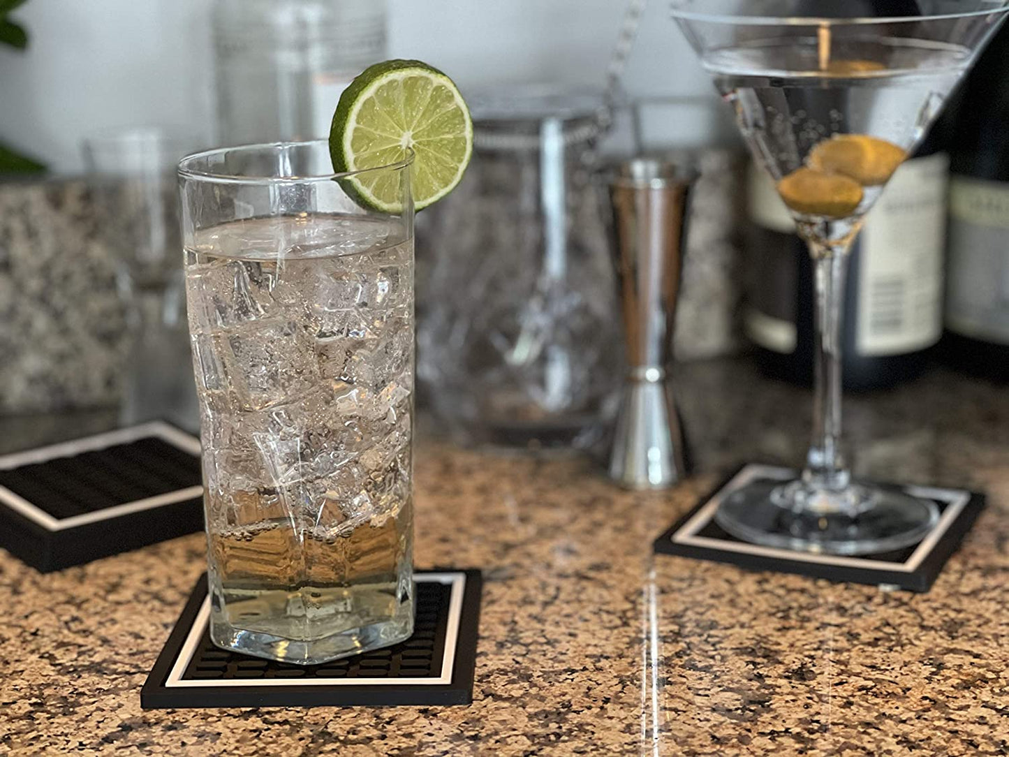 Bar Mat Coasters | 6 Piece Coaster Set | Square Absorbent Coasters for Drinks | Stylish Design Great for Home Decor or Bars
