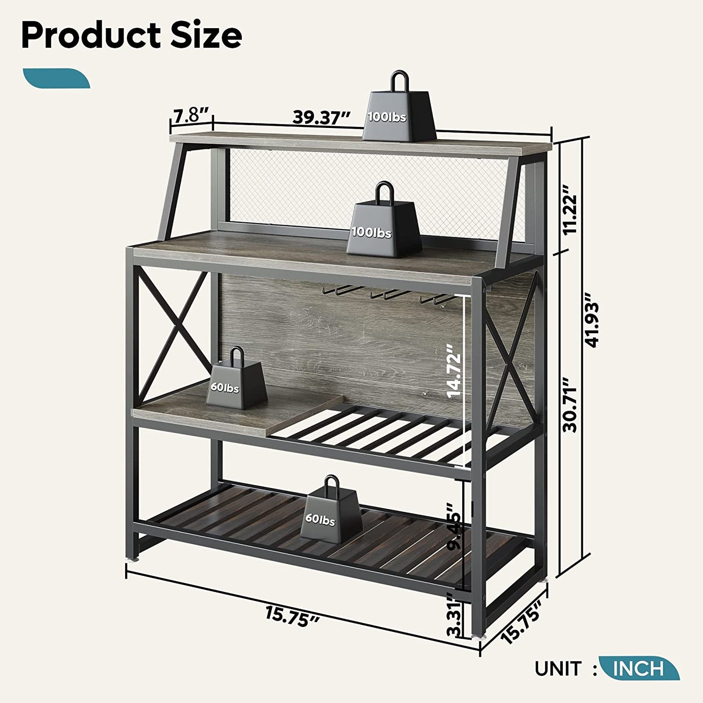Bar Table with Storage Coffee Bar Cabinets for Liquor and Glasses, Wine Rack Freestanding Floor with Glass Holder for Home Kitchen Dining Room Basement, Gray